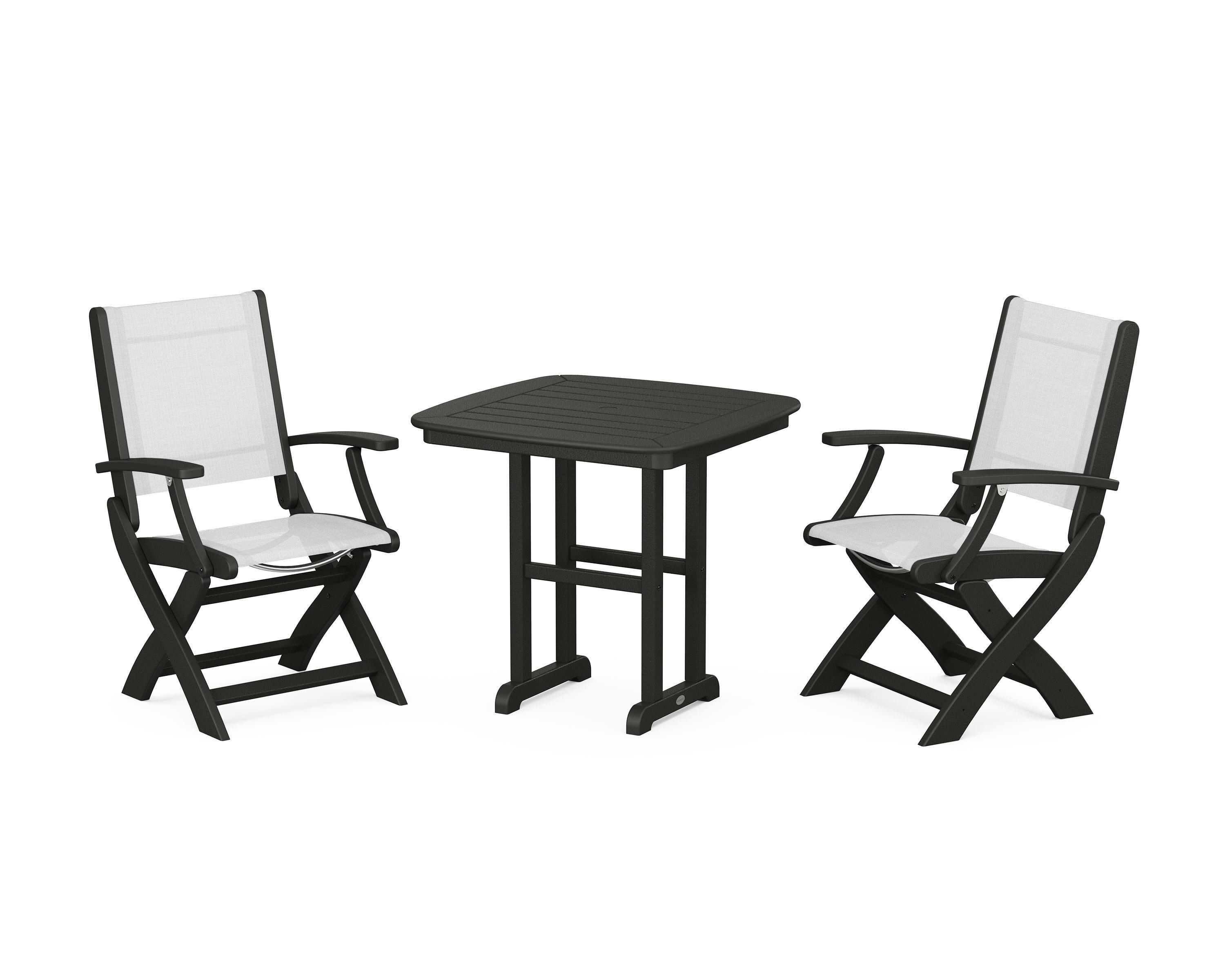 Coastal Folding Chair 3-Piece Dining Set in Black / White Sling