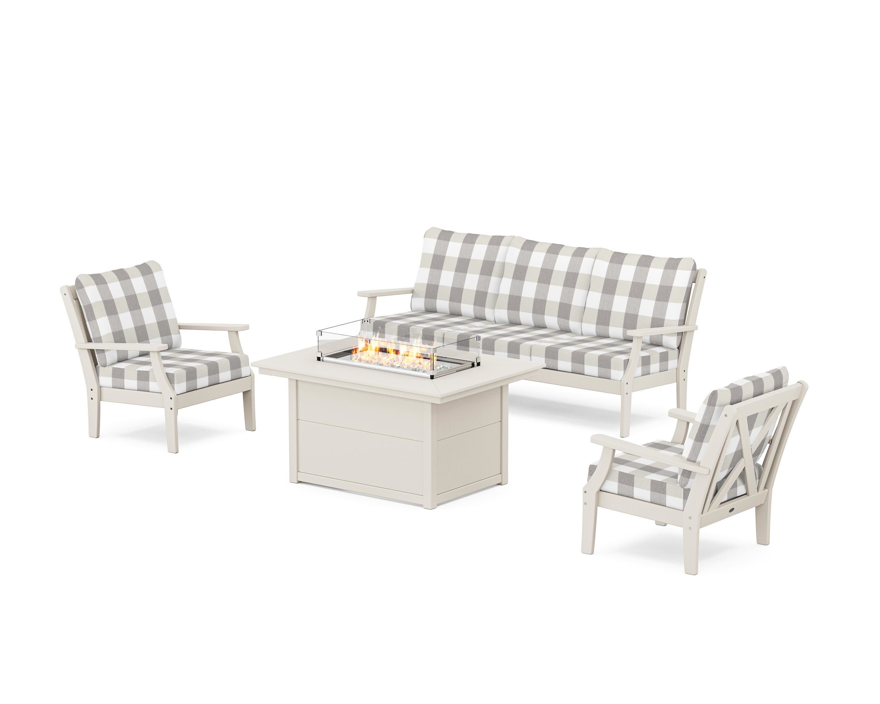 Braxton Deep Seating Fire Pit Table Set in Sand / Buffalo Plaid Grey Mist