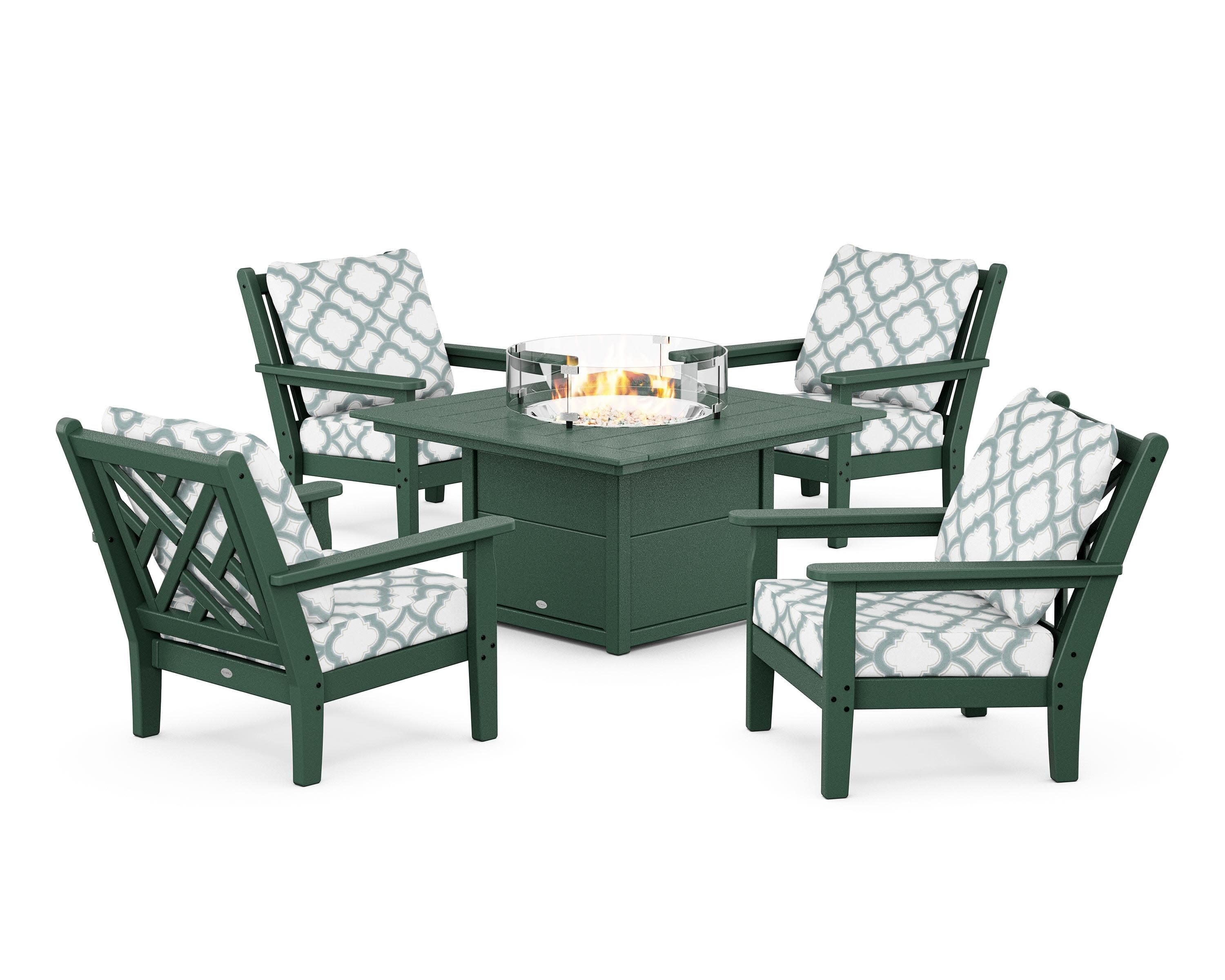 Chippendale 5-Piece Deep Seating Set with Fire Pit Table in Green / Trellis Glacier Spa