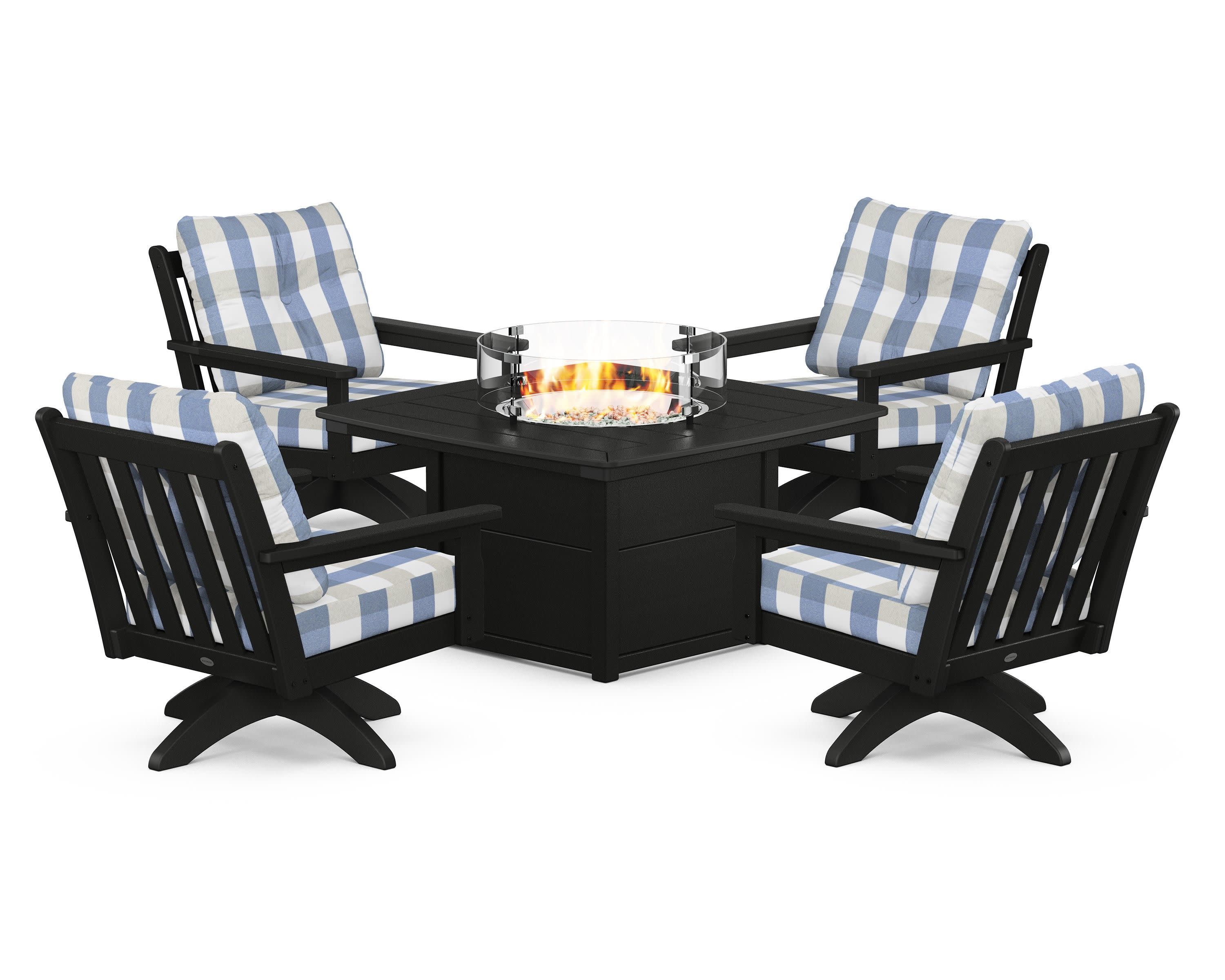 Vineyard 5-Piece Deep Seating Swivel Conversation Set with Fire Pit Table in Black / Buffalo Plaid Sky Blue