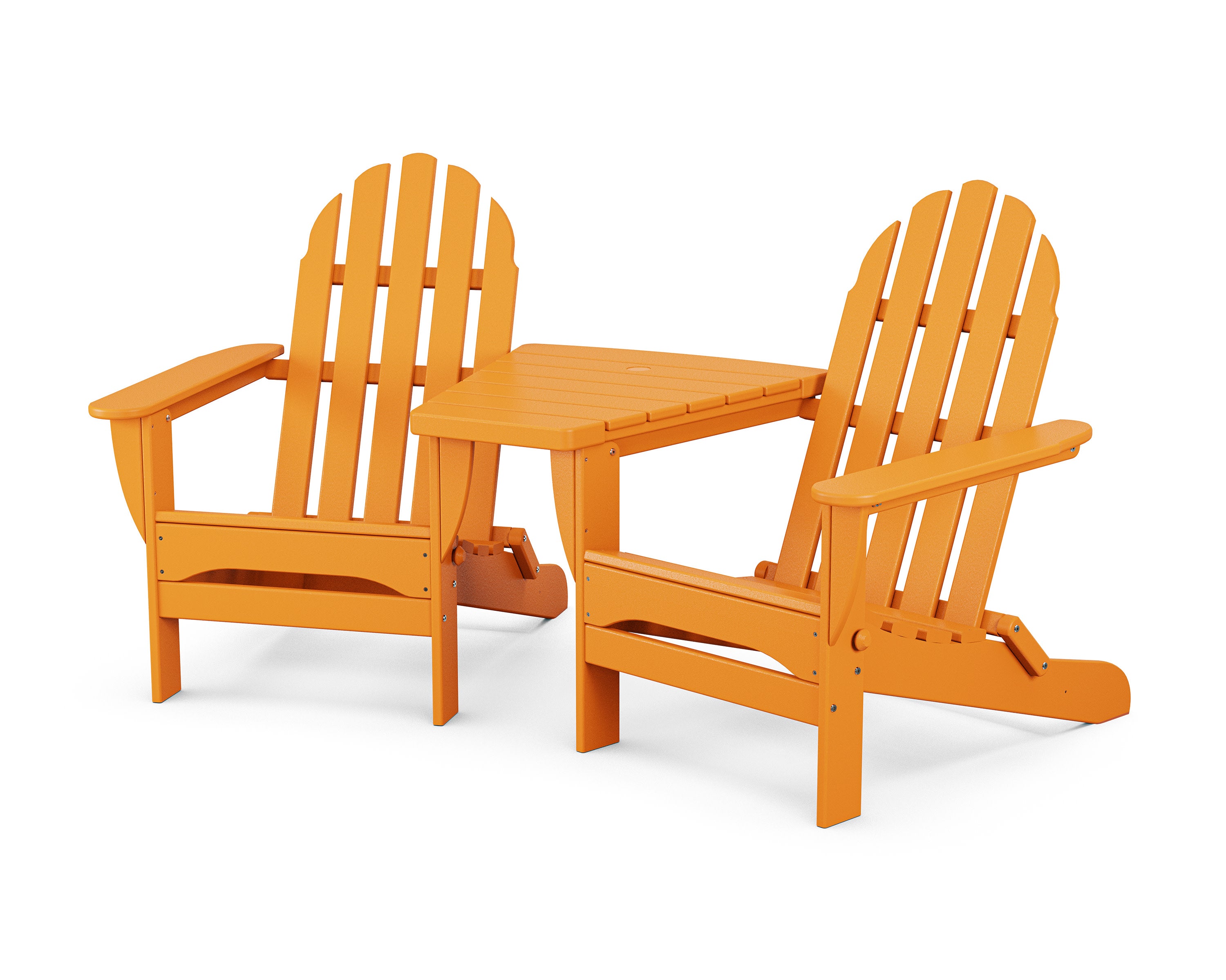 Classic Folding Adirondacks with Angled Connecting Table in Tangerine