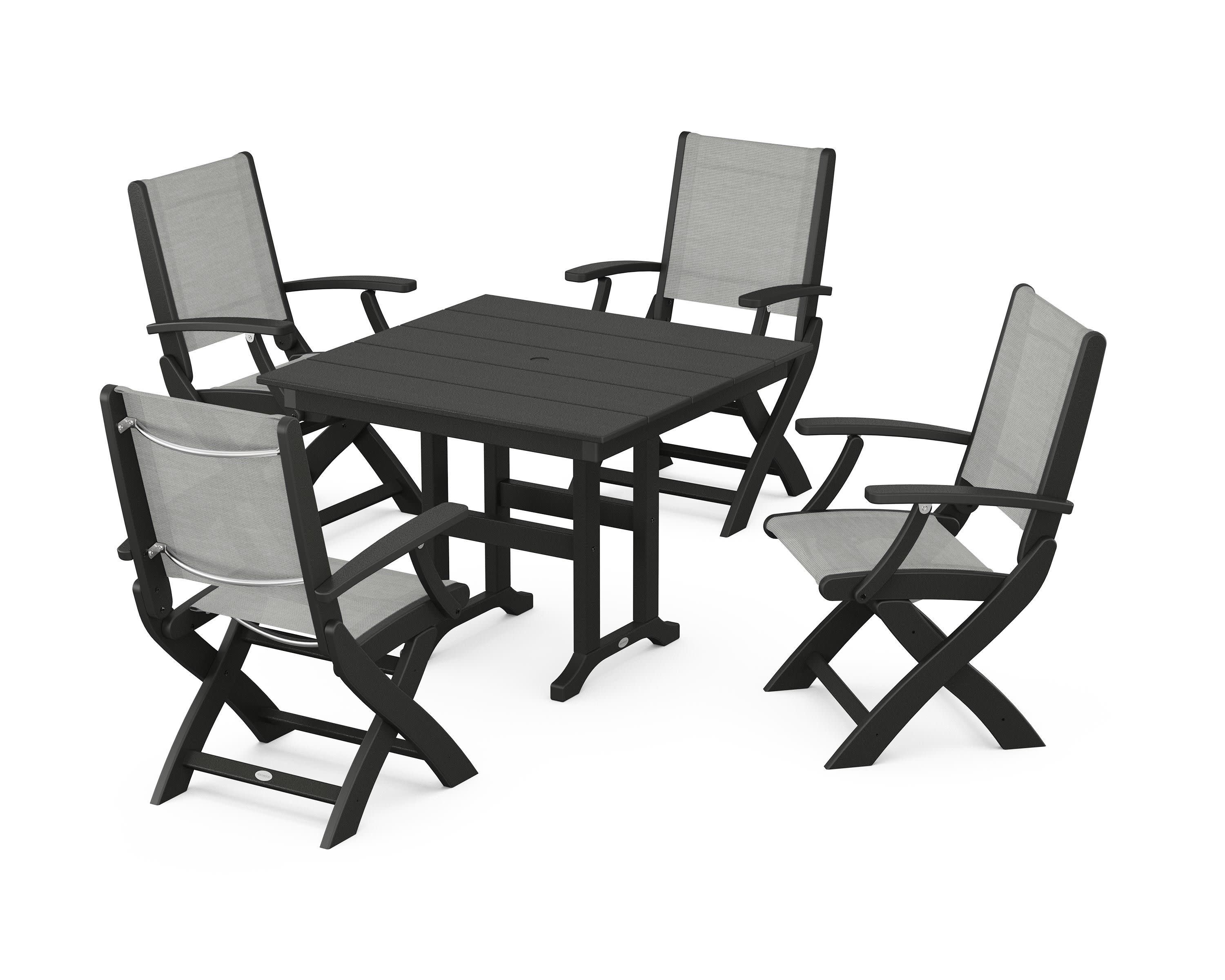 Coastal Folding Chair 5-Piece Farmhouse Dining Set in Black / Metallic Sling