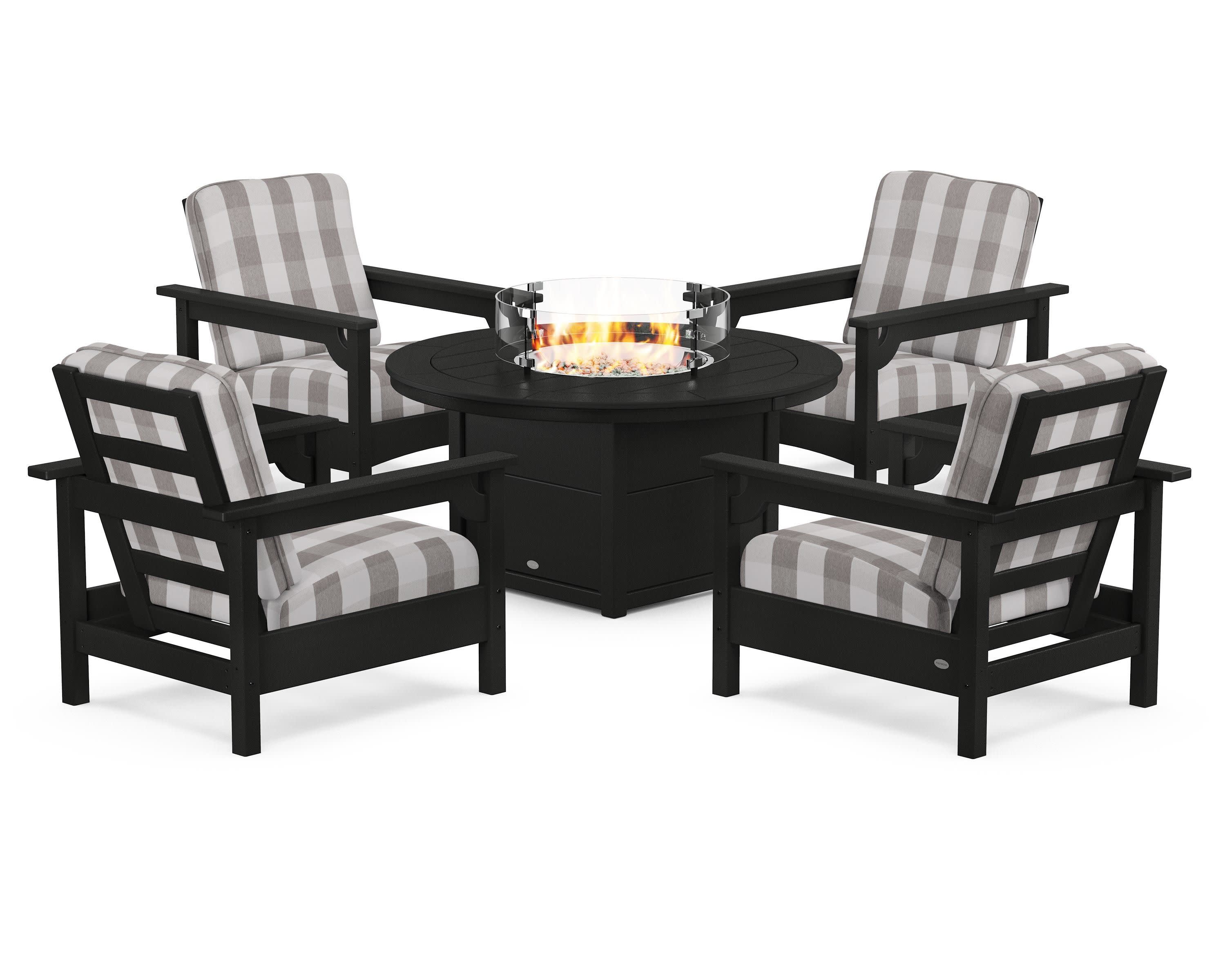 Club 5-Piece Conversation Set with Fire Pit Table in Black / Buffalo Plaid Grey Mist