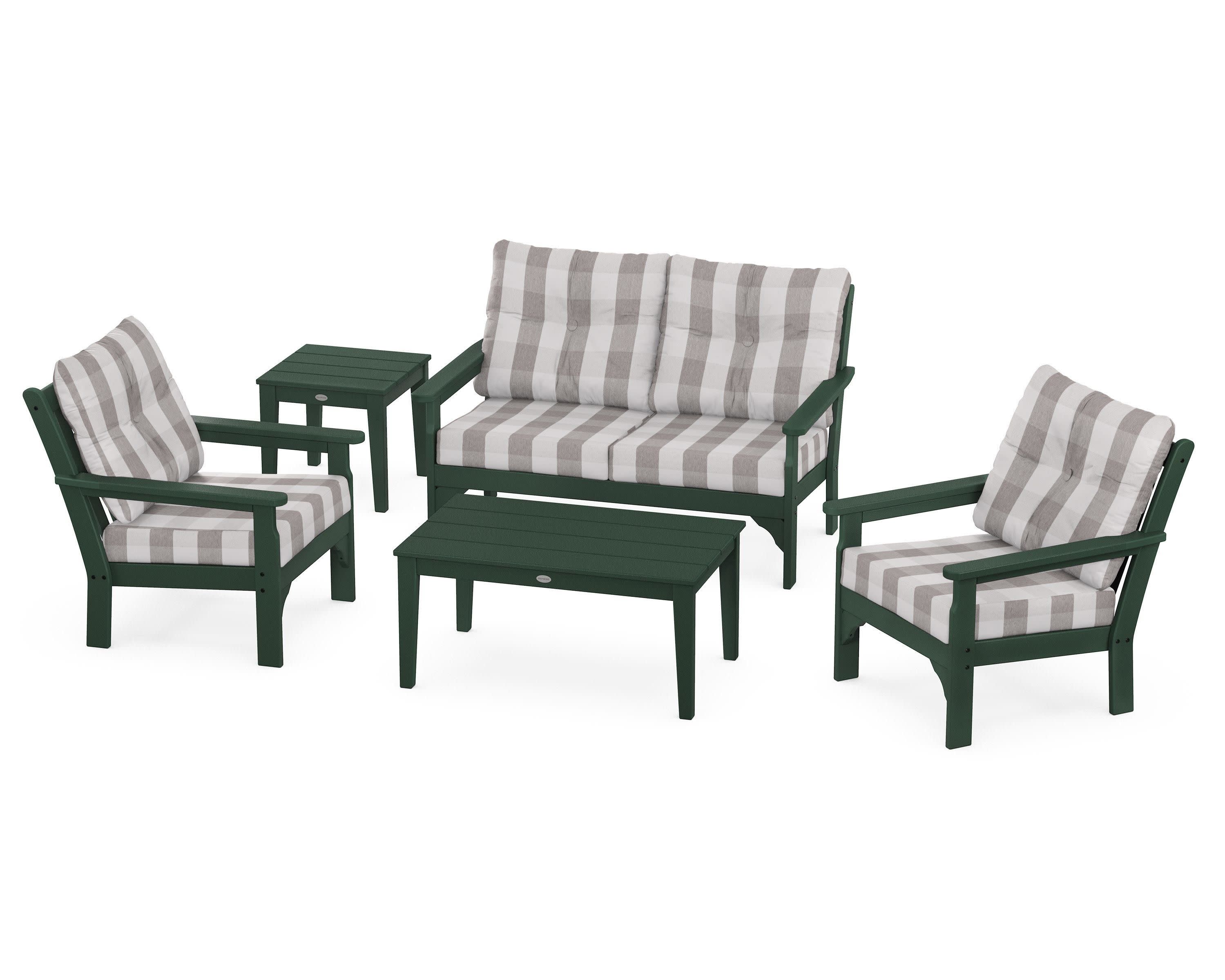 Vineyard 5-Piece Deep Seating Set in Green / Buffalo Plaid Grey Mist