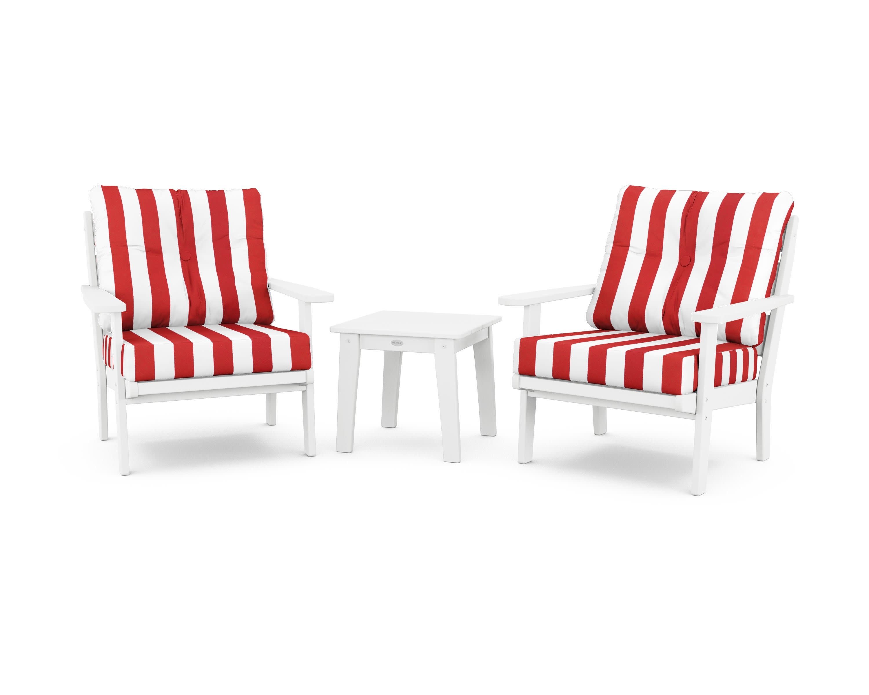 Lakeside 3-Piece Deep Seating Chair Set in White / Cabana Stripe Crimson