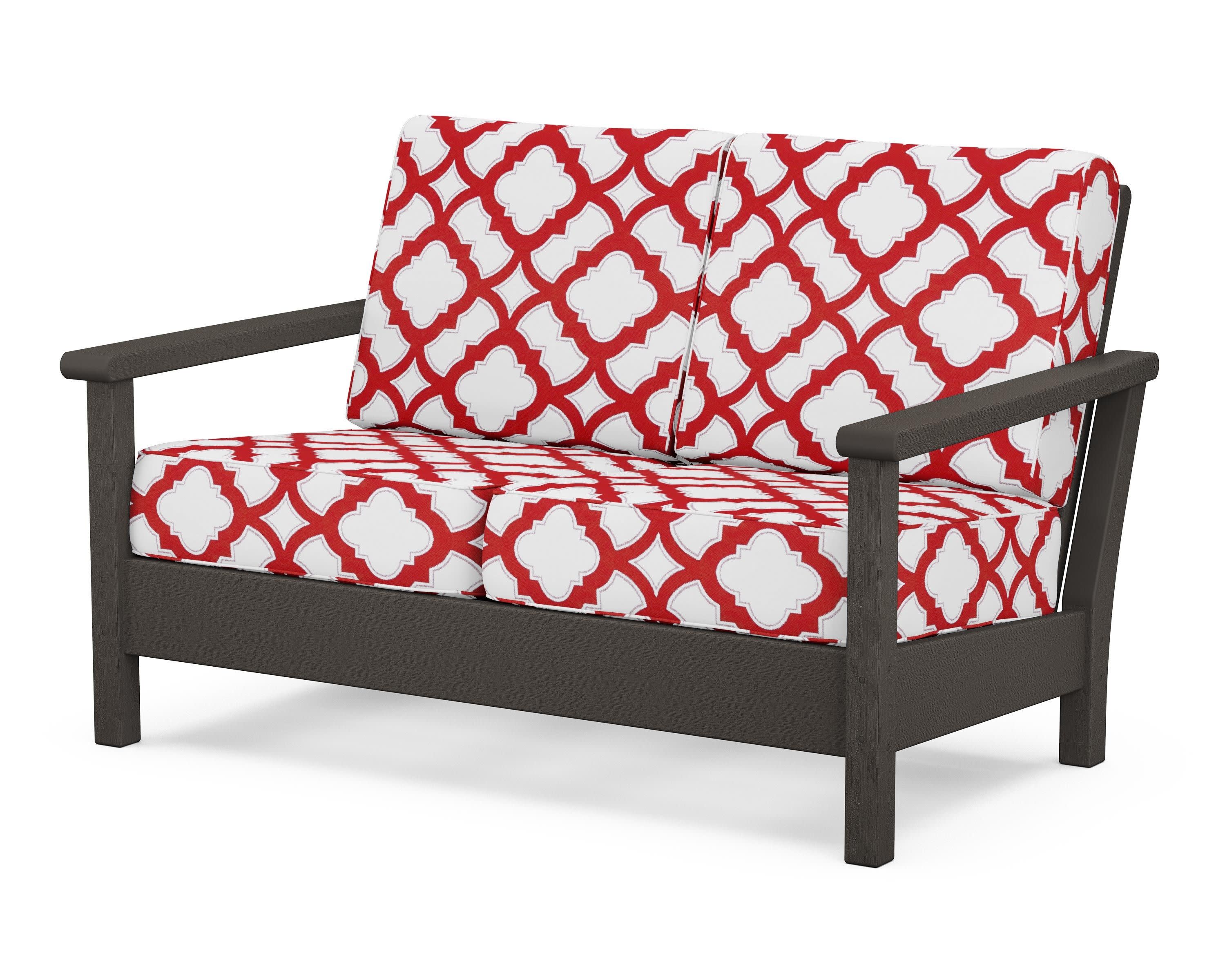 Harbour Deep Seating Loveseat in Vintage Coffee / Trellis Crimson