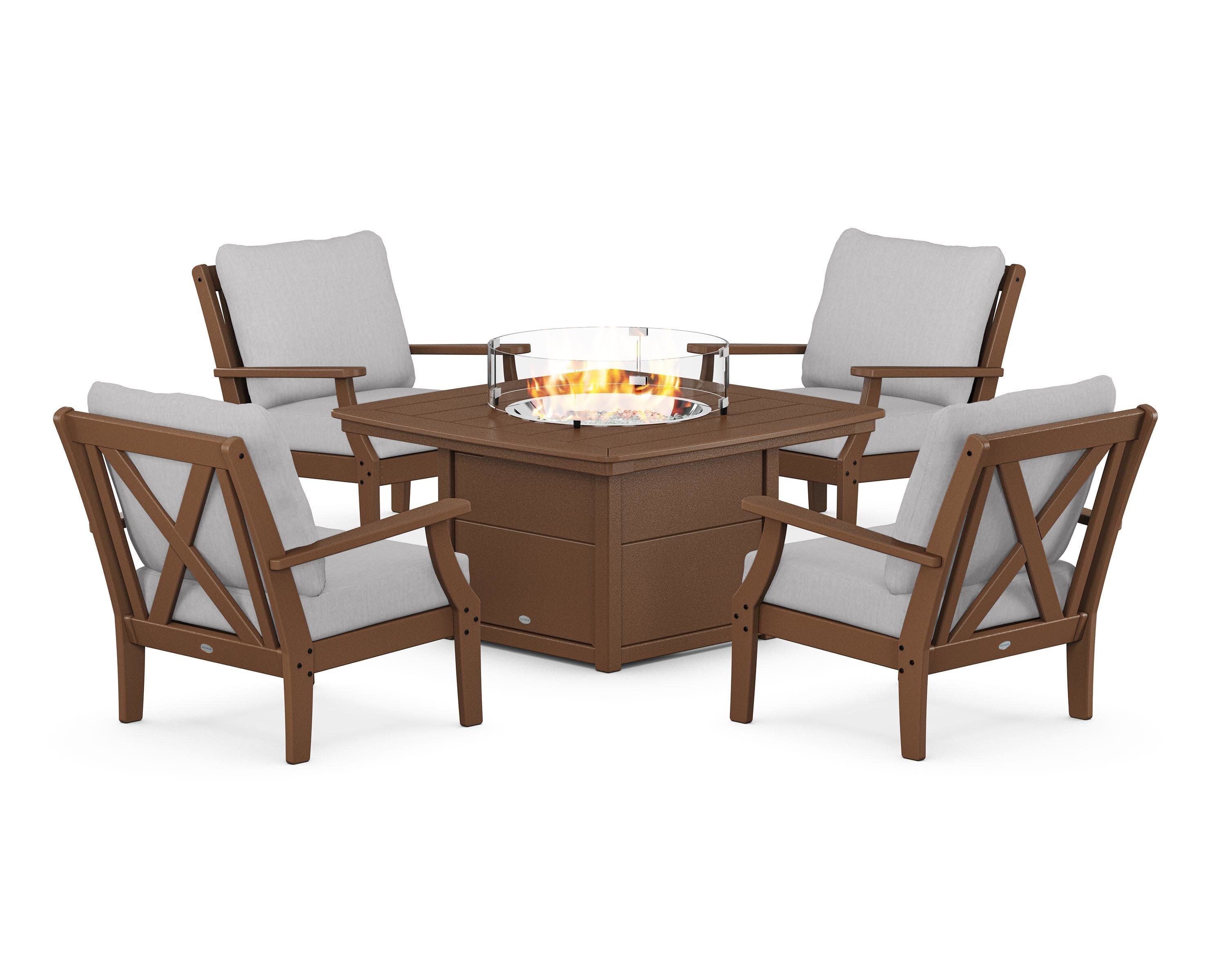 Braxton 5-Piece Deep Seating Conversation Set with Fire Pit Table in Teak / Granite