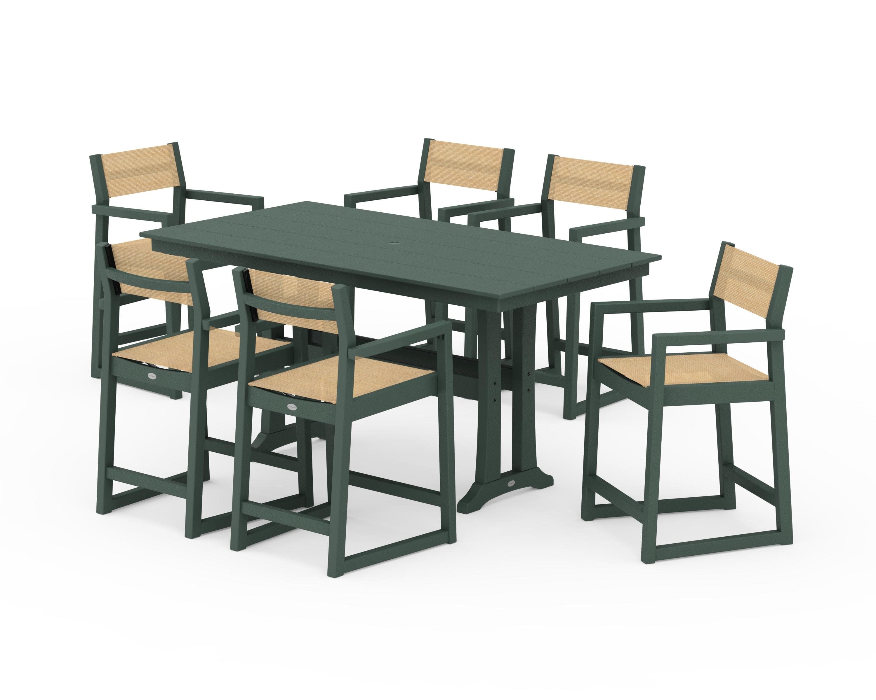 EDGE Sling Arm Chair 7-Piece Farmhouse Counter Set with Trestle Legs in Green / Dupioni Apricot Sling