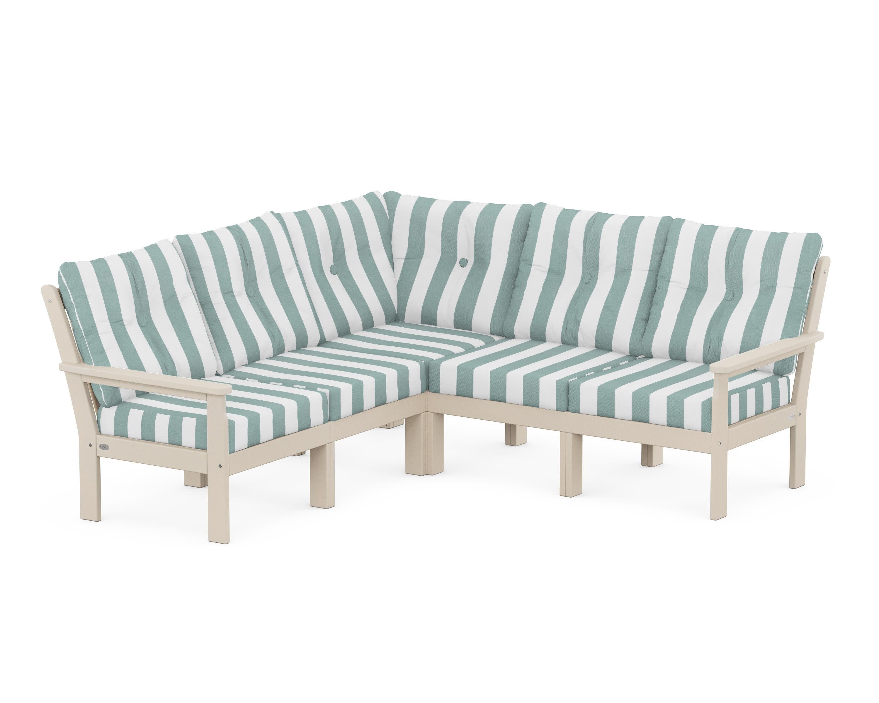 Vineyard 5-Piece Sectional in Sand / Cabana Stripe Glacier Spa