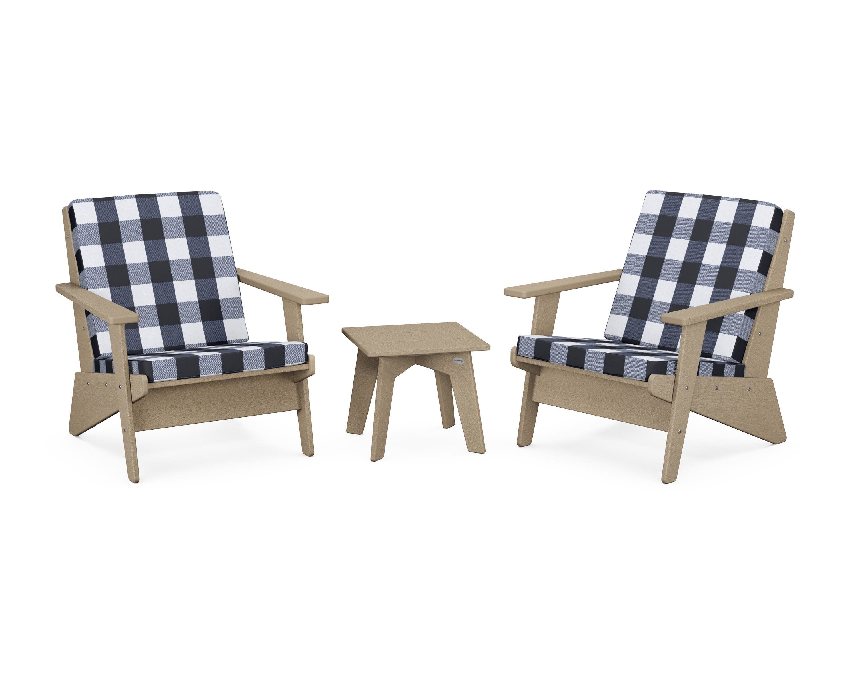 Riviera Modern Lounge 3-Piece Set in Vintage Sahara / Buffalo Plaid Marine Indigo
