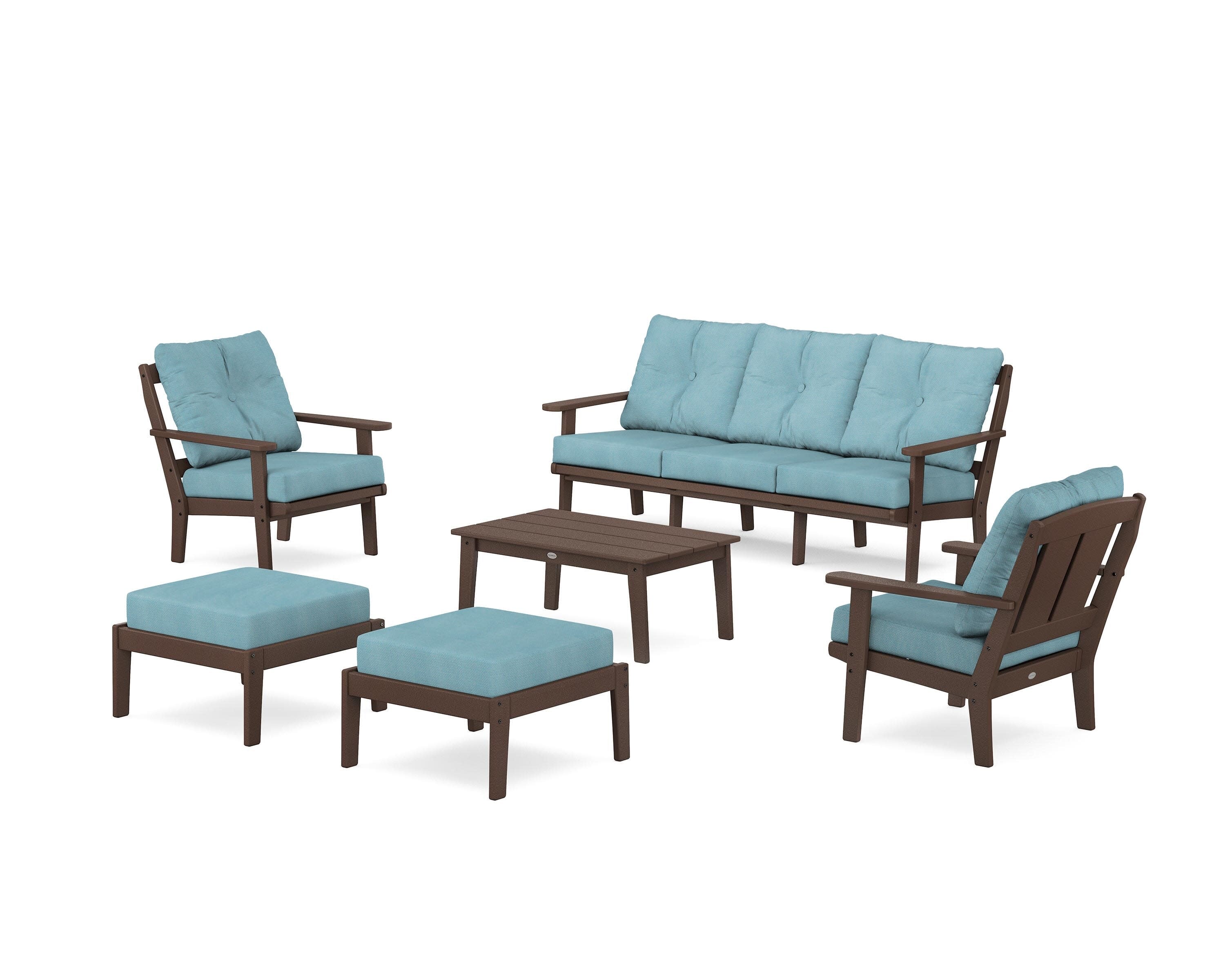Mission 6-Piece Lounge Sofa Set in Mahogany / Lattice Sky Blue