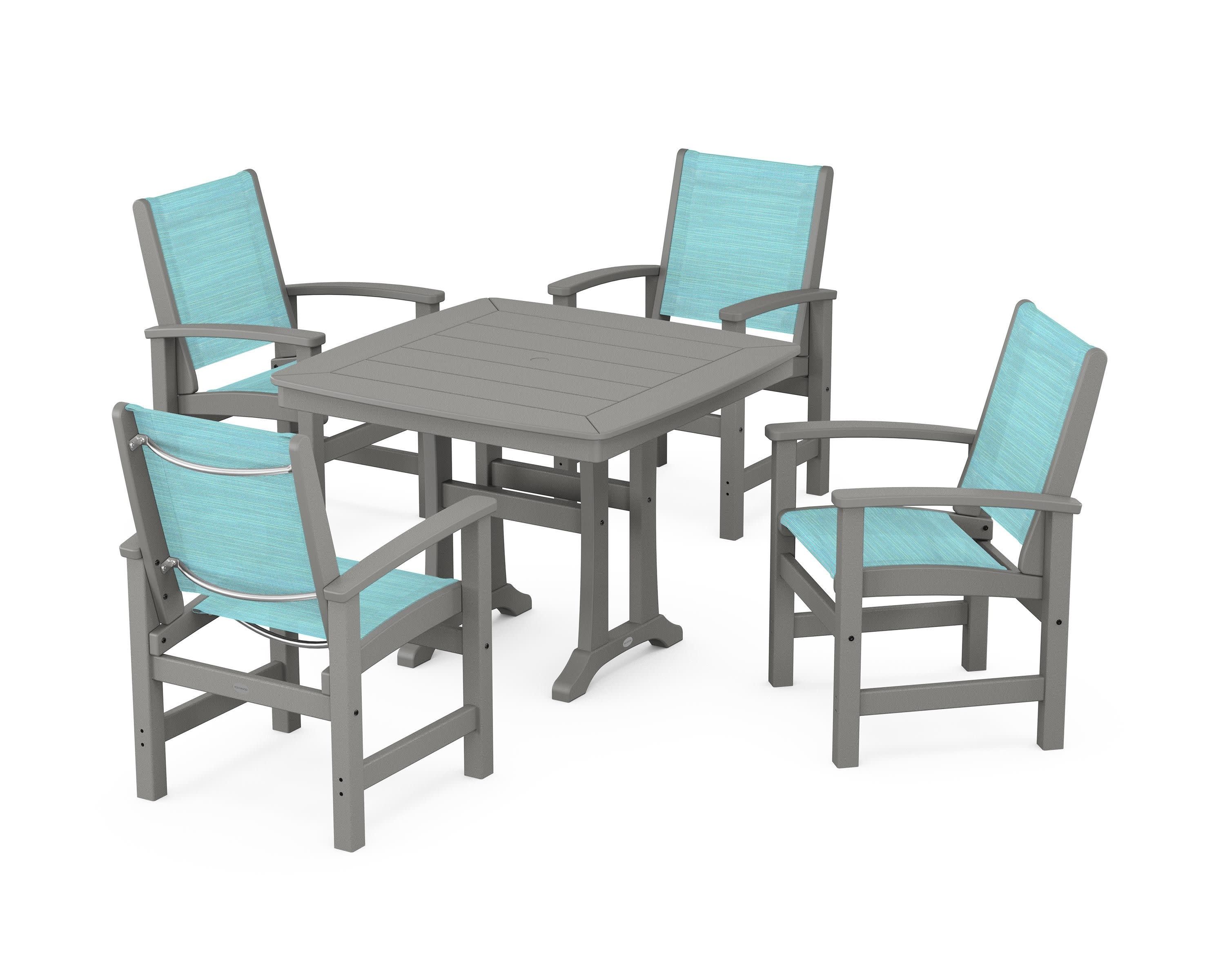 Coastal 5-Piece Dining Set with Trestle Legs in Slate Grey / Dupioni Aquamarine Sling