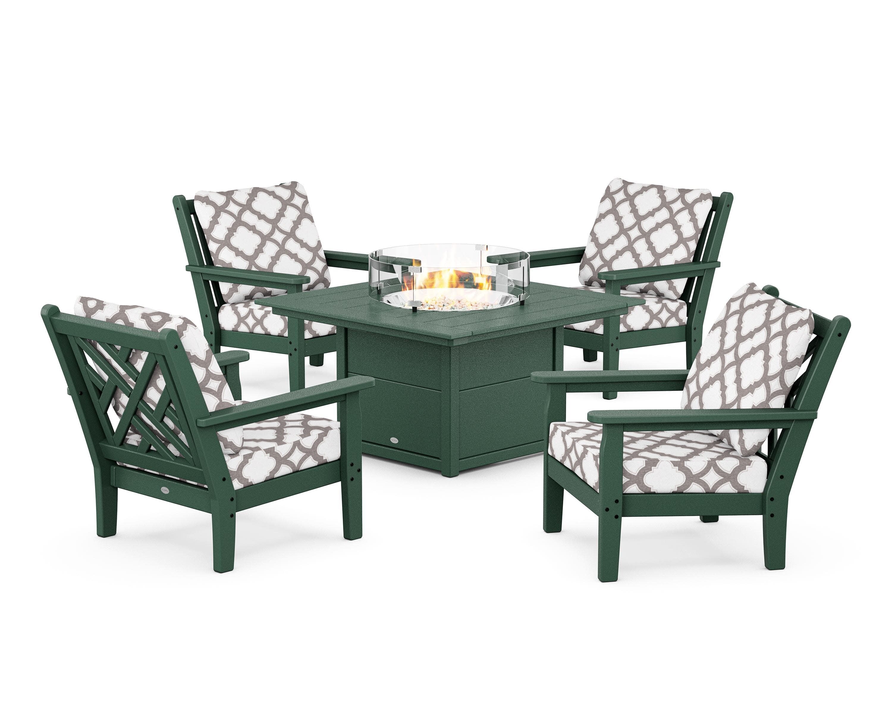 Chippendale 5-Piece Deep Seating Set with Fire Pit Table in Green / Trellis Grey Mist
