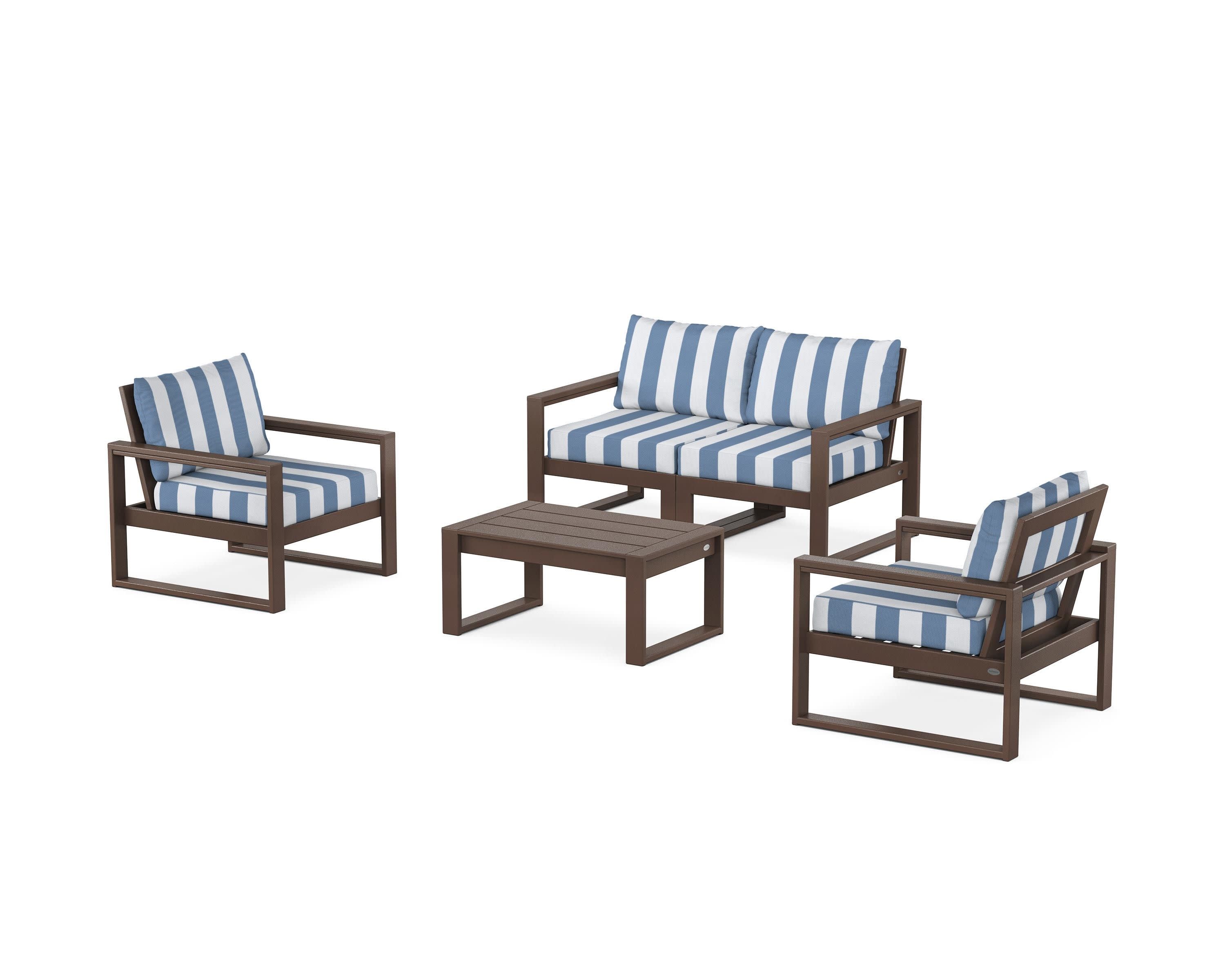 EDGE Sectional 4-Piece Deep Seating Set with Loveseat in Mahogany / Cabana Stripe Sky Blue