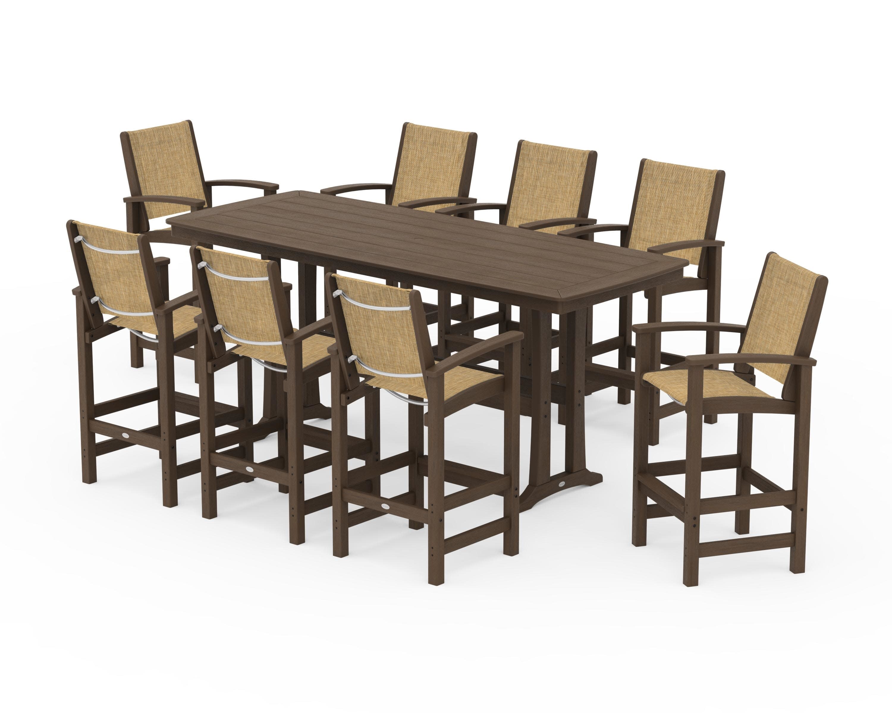 Coastal 9-Piece Bar Set with Trestle Legs in Kona / Burlap Sling
