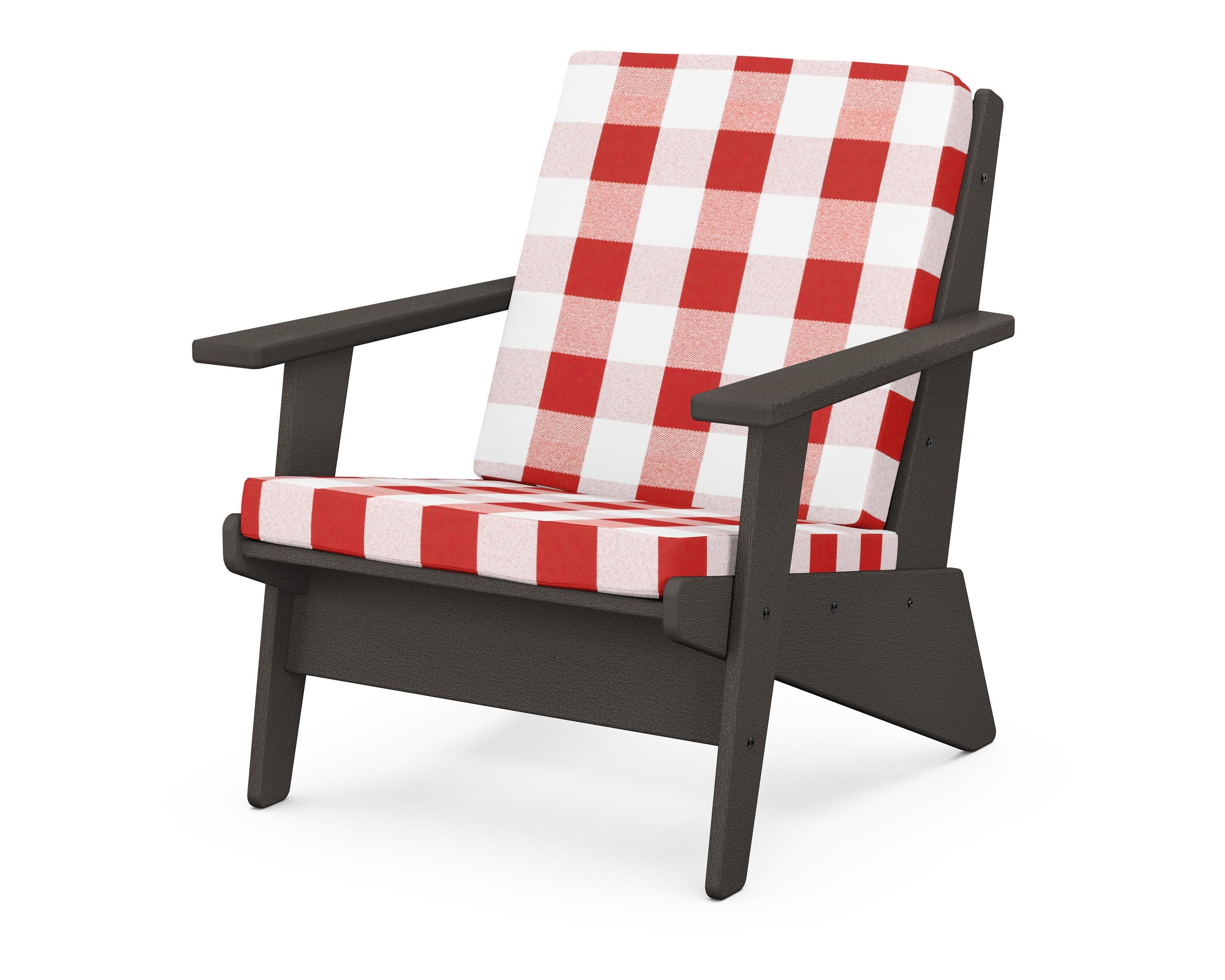 Riviera Modern Lounge Chair in Vintage Coffee / Buffalo Plaid Crimson
