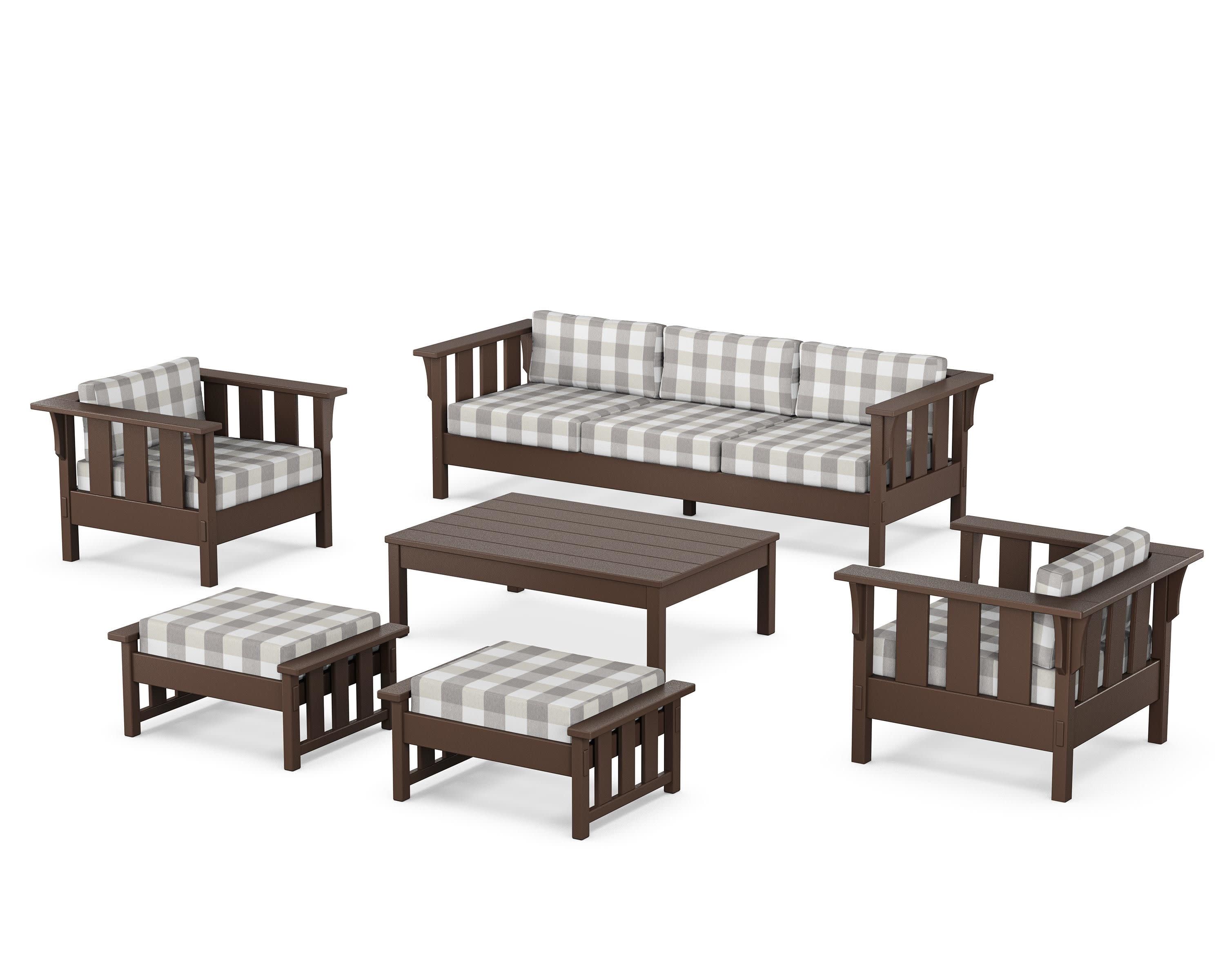 Acadia 6-Piece Lounge Sofa Set in Mahogany / Buffalo Plaid Grey Mist