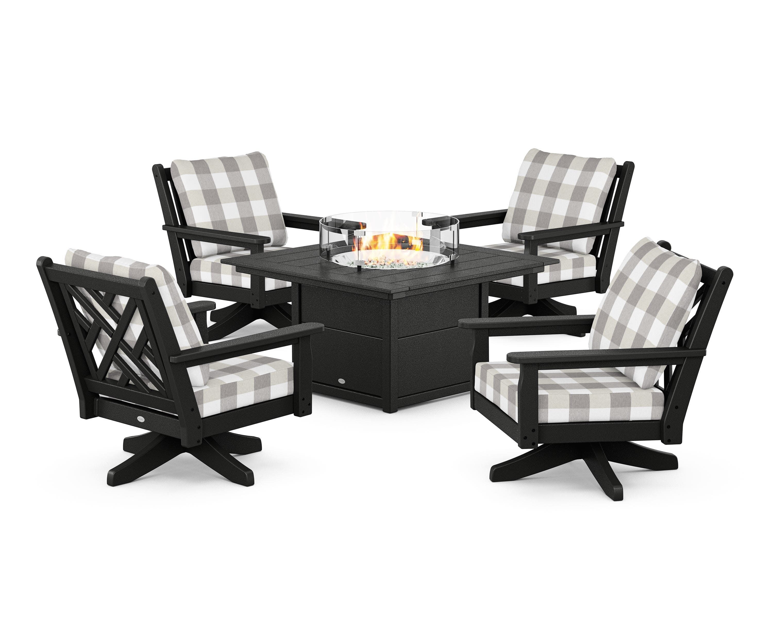 Chippendale 5-Piece Deep Seating Swivel Conversation Set with Fire Pit Table in Black / Buffalo Plaid Grey Mist