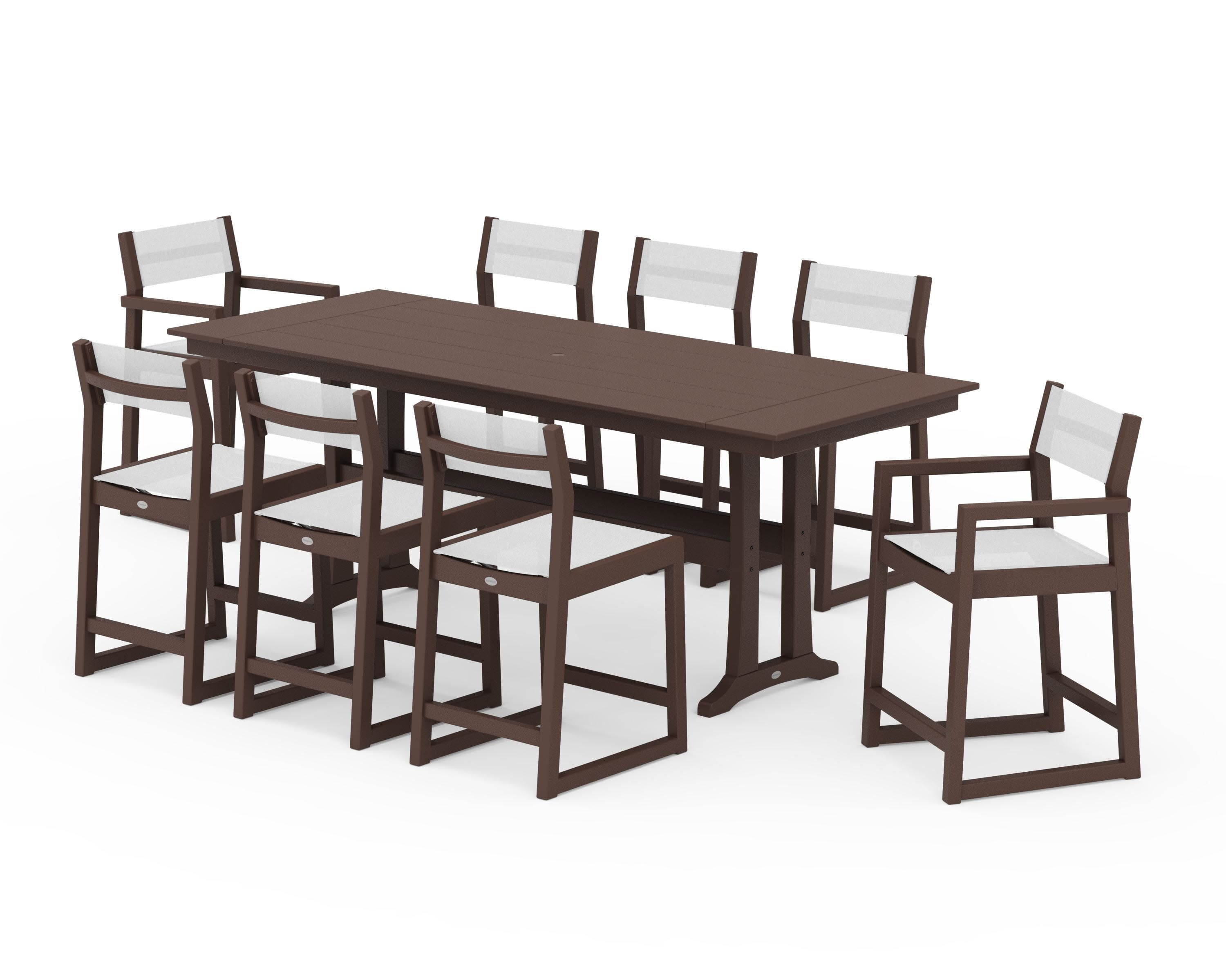 EDGE Sling 9-Piece Farmhouse Counter Set with Trestle Legs in Mahogany / White Sling
