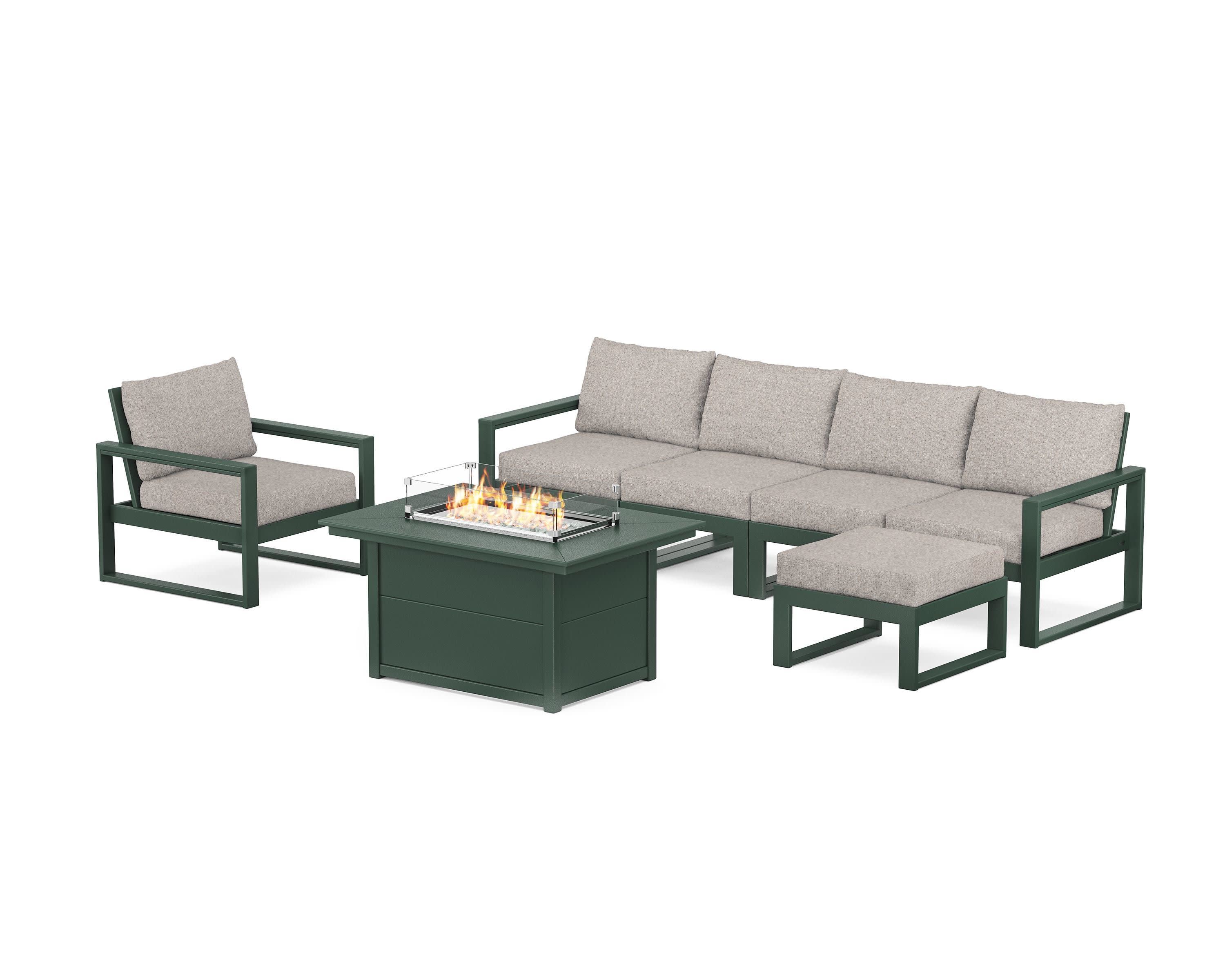 EDGE Sectional Lounge and Fire Pit Set in Green / Weathered Tweed