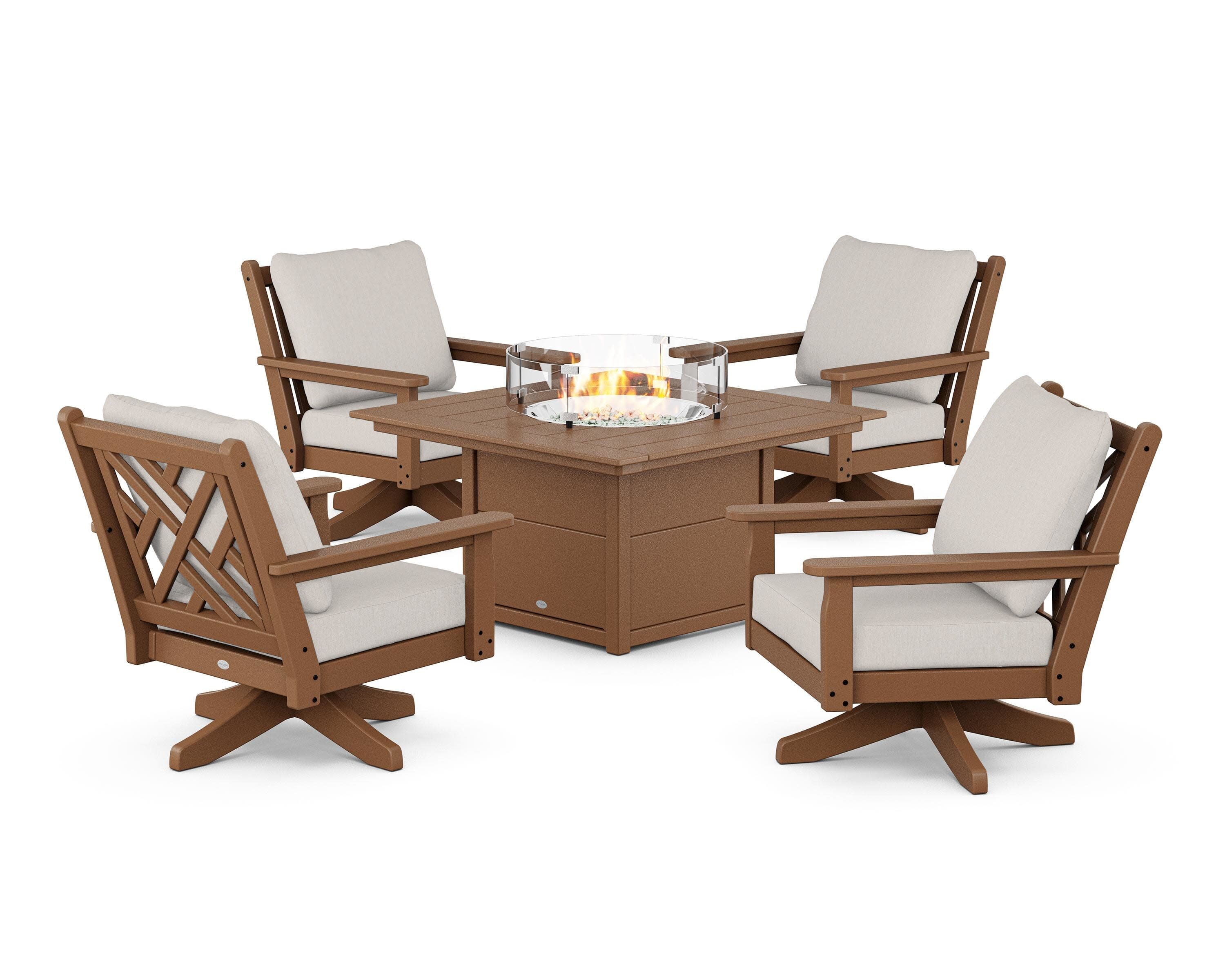 Chippendale 5-Piece Deep Seating Swivel Conversation Set with Fire Pit Table in Teak / Cast Ash