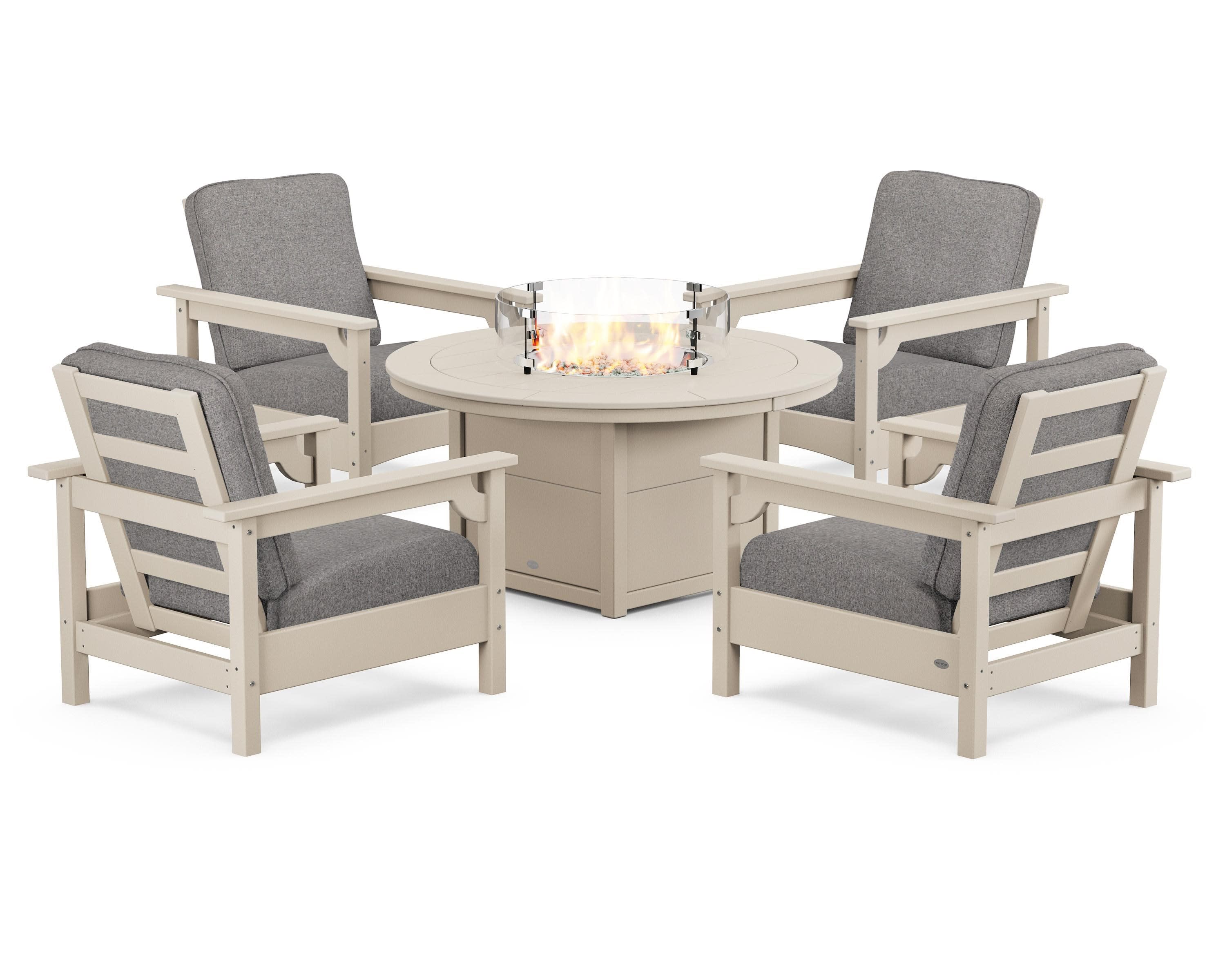 Club 5-Piece Conversation Set with Fire Pit Table in Sand / Grey Mist