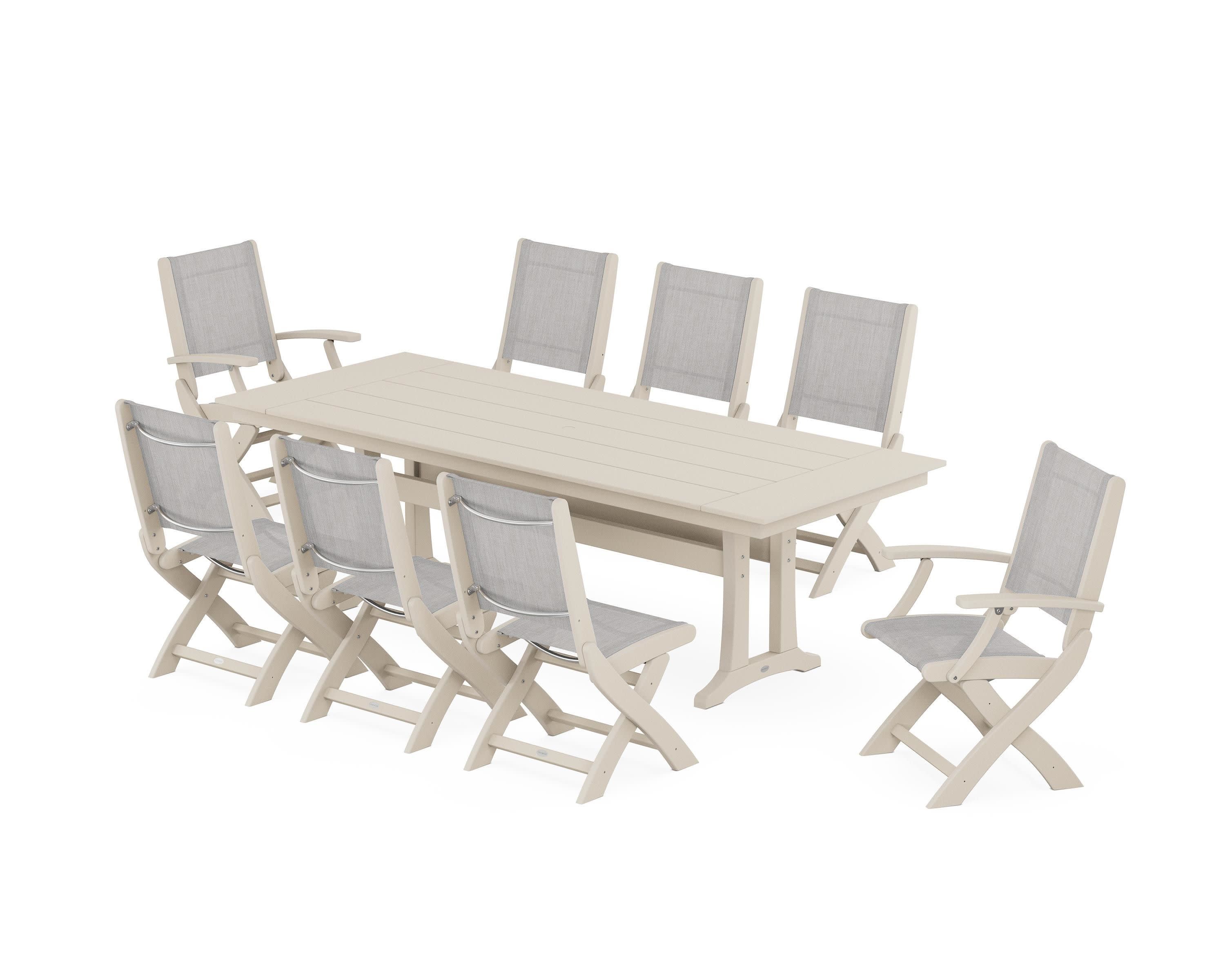 Coastal 9-Piece Folding Dining Chair Farmhouse Dining Set with Trestle Legs in Sand / Parchment Sling