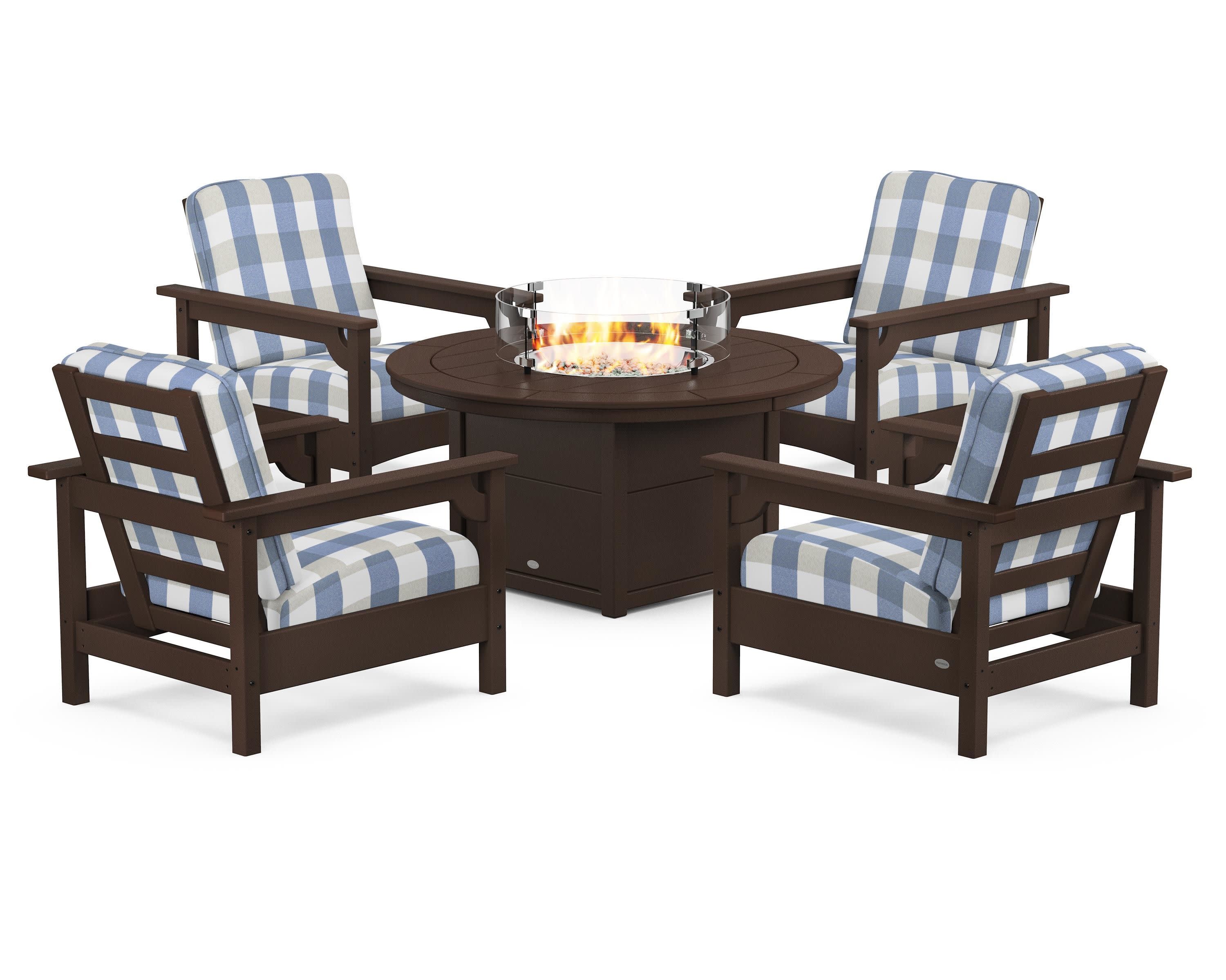 Club 5-Piece Conversation Set with Fire Pit Table in Mahogany / Buffalo Plaid Sky Blue
