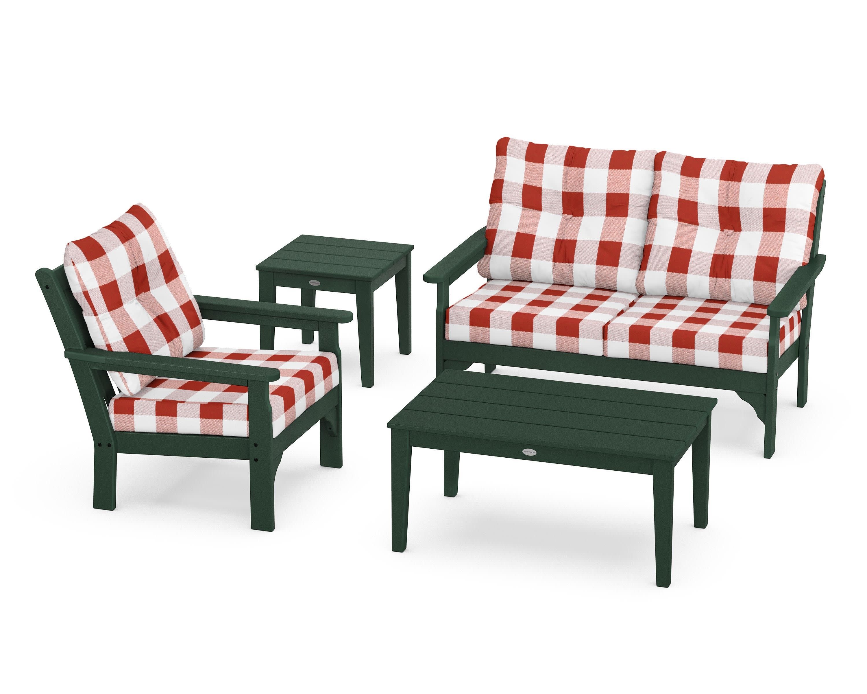 Vineyard 4-Piece Deep Seating Set in Green / Buffalo Plaid Crimson