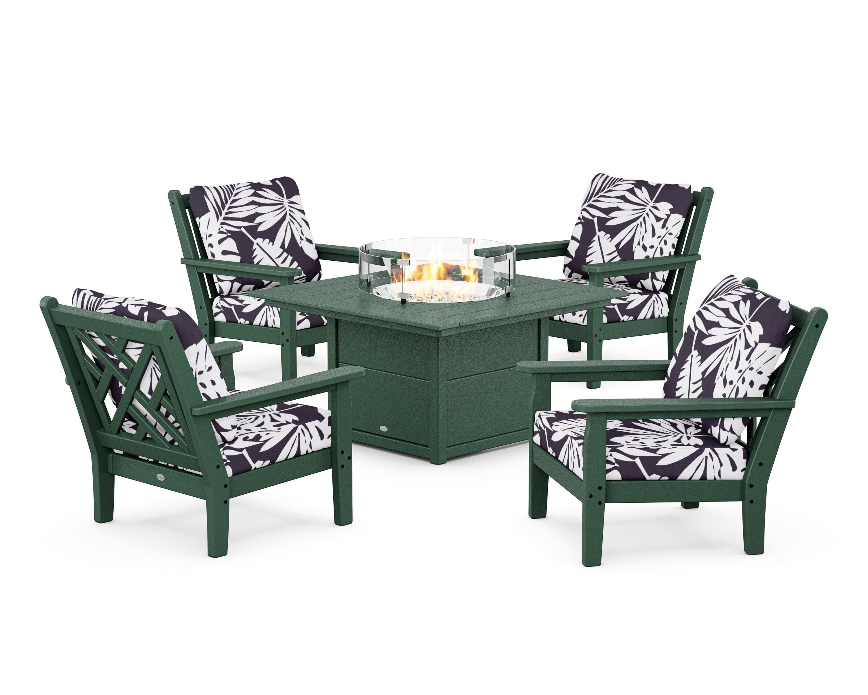 Chippendale 5-Piece Deep Seating Set with Fire Pit Table in Green / Leaf Navy