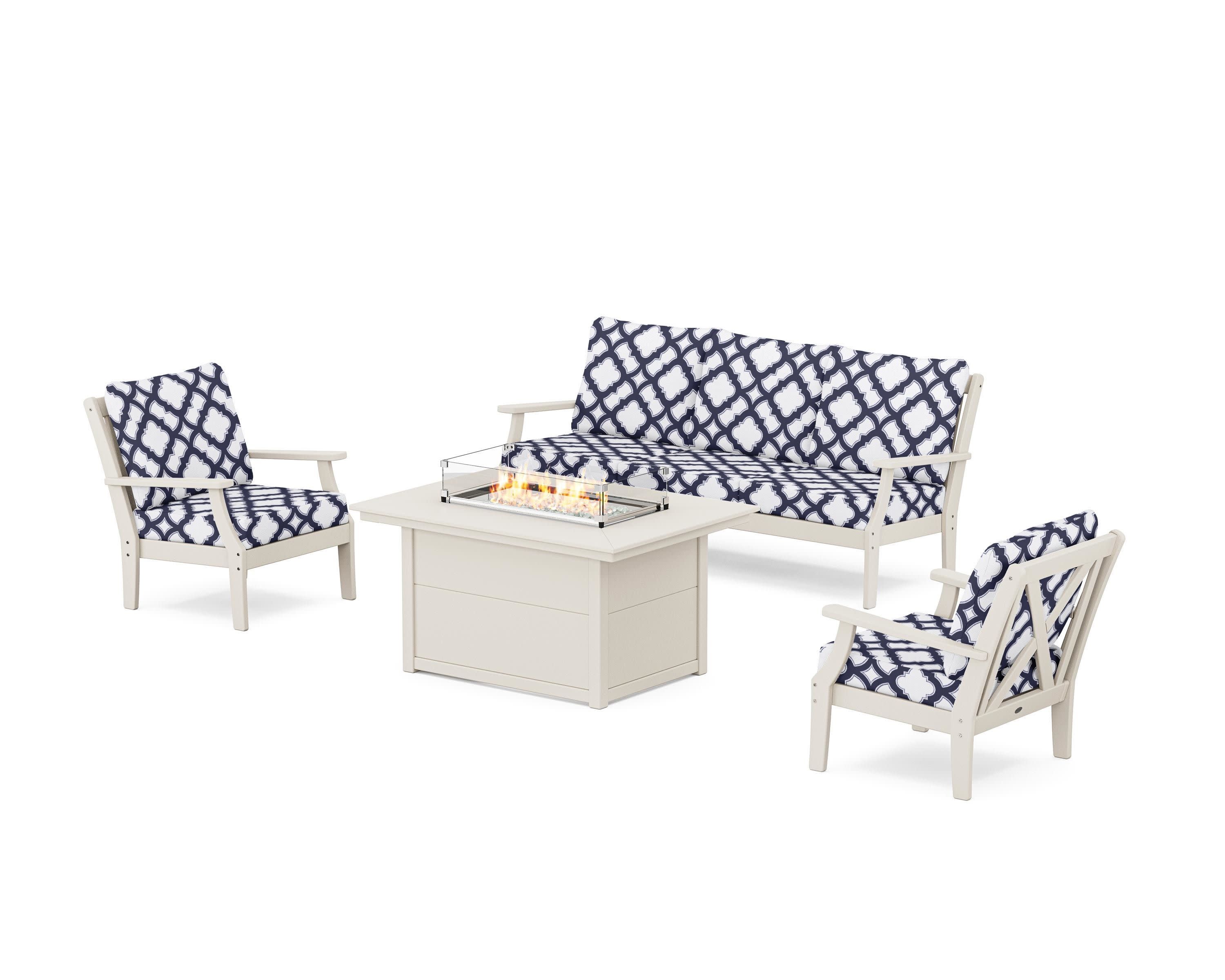 Braxton Deep Seating Fire Pit Table Set in Sand / Trellis Navy