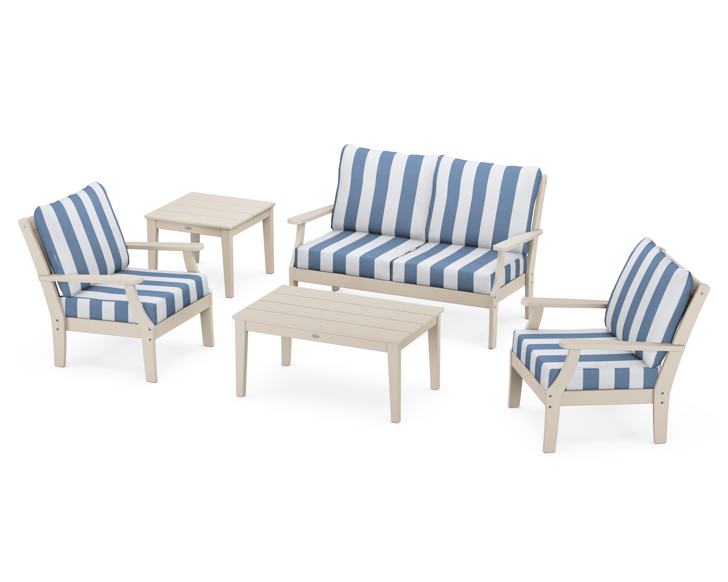 Braxton 5-Piece Deep Seating Set in Sand / Cabana Stripe Sky Blue