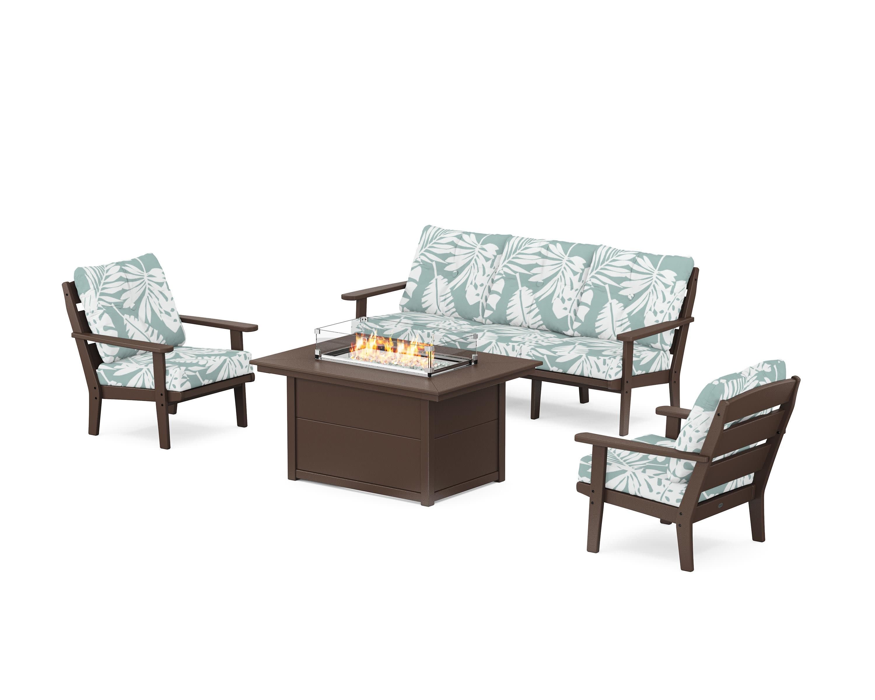 Lakeside Deep Seating Fire Pit Table Set in Mahogany / Leaf Glacier Spa