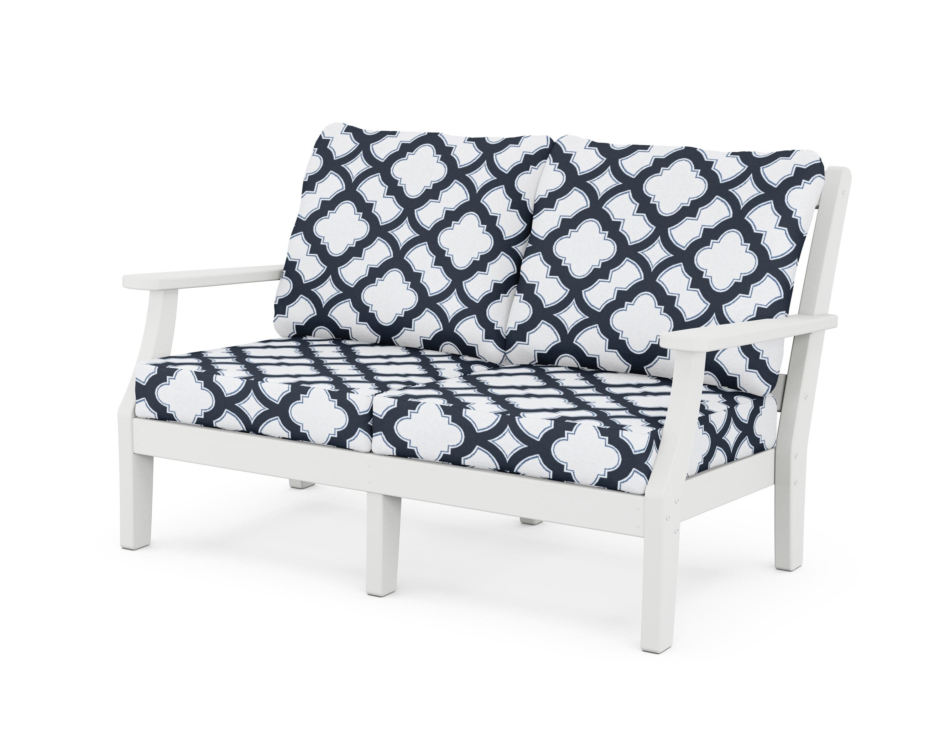 Chinoiserie Deep Seating Loveseat in White / Trellis Marine Indigo