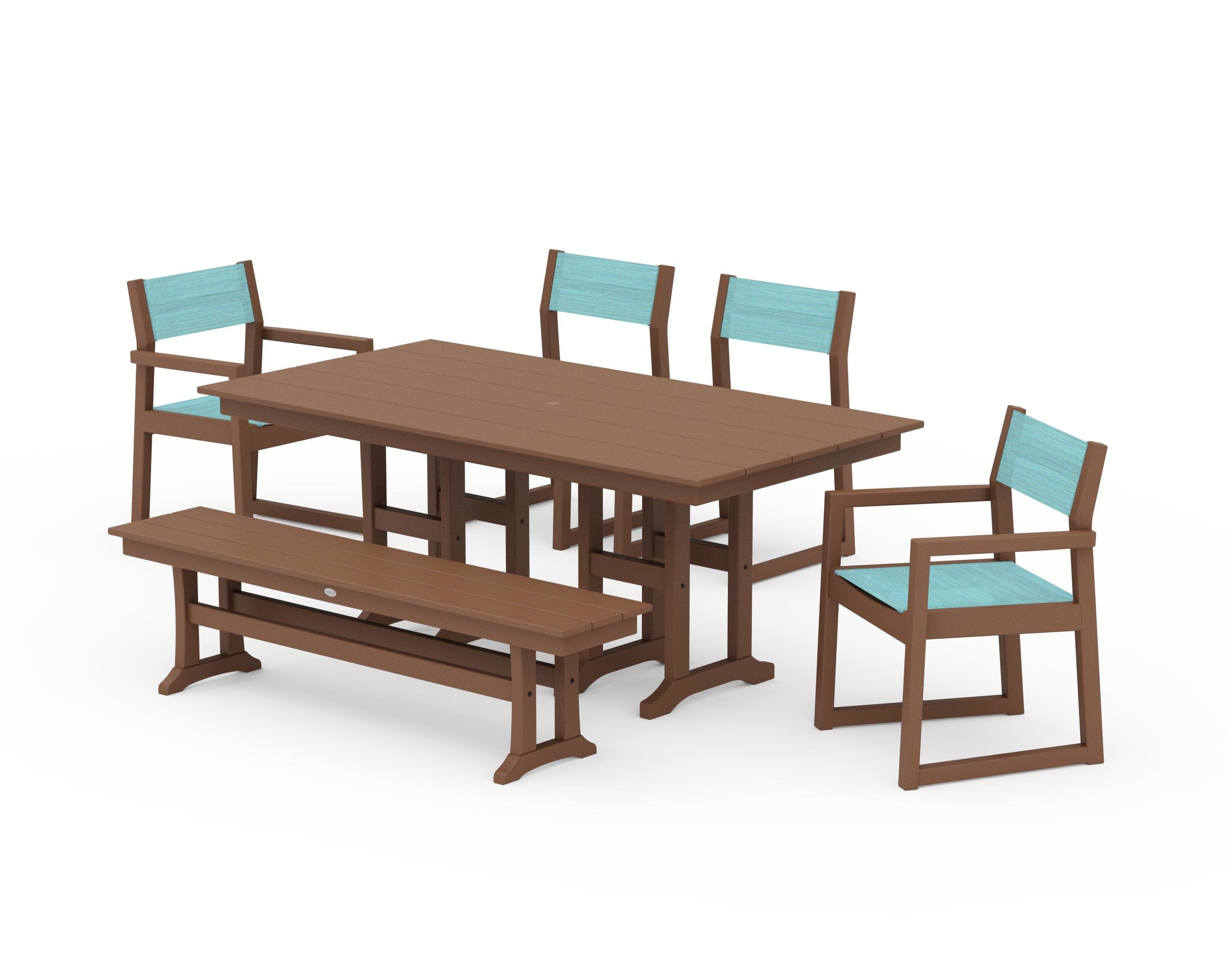 EDGE Sling 6-Piece Farmhouse Dining Set in Teak / Dupioni Aquamarine Sling