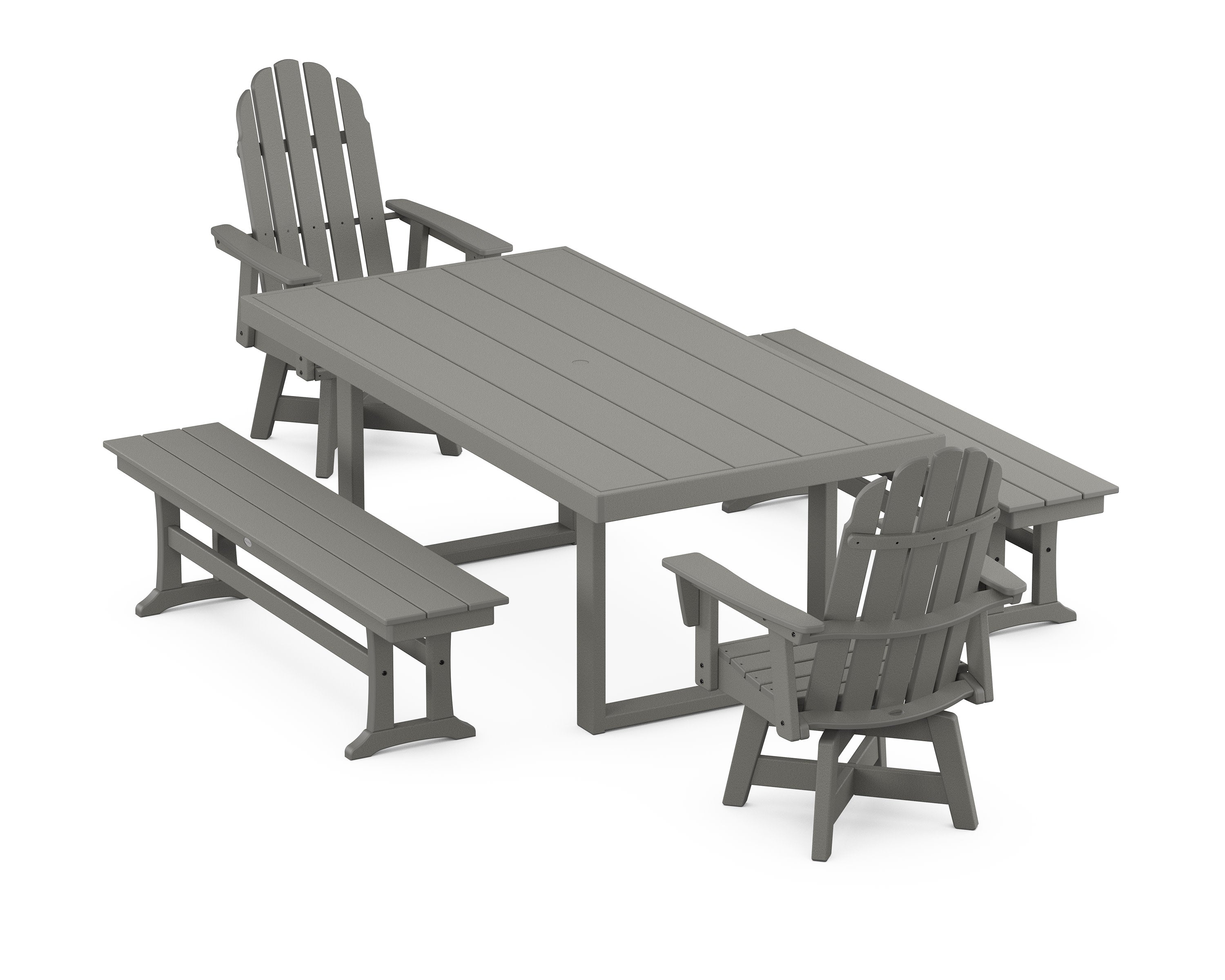 Vineyard Curveback Adirondack Swivel Chair 5-Piece Dining Set with Benches in Slate Grey
