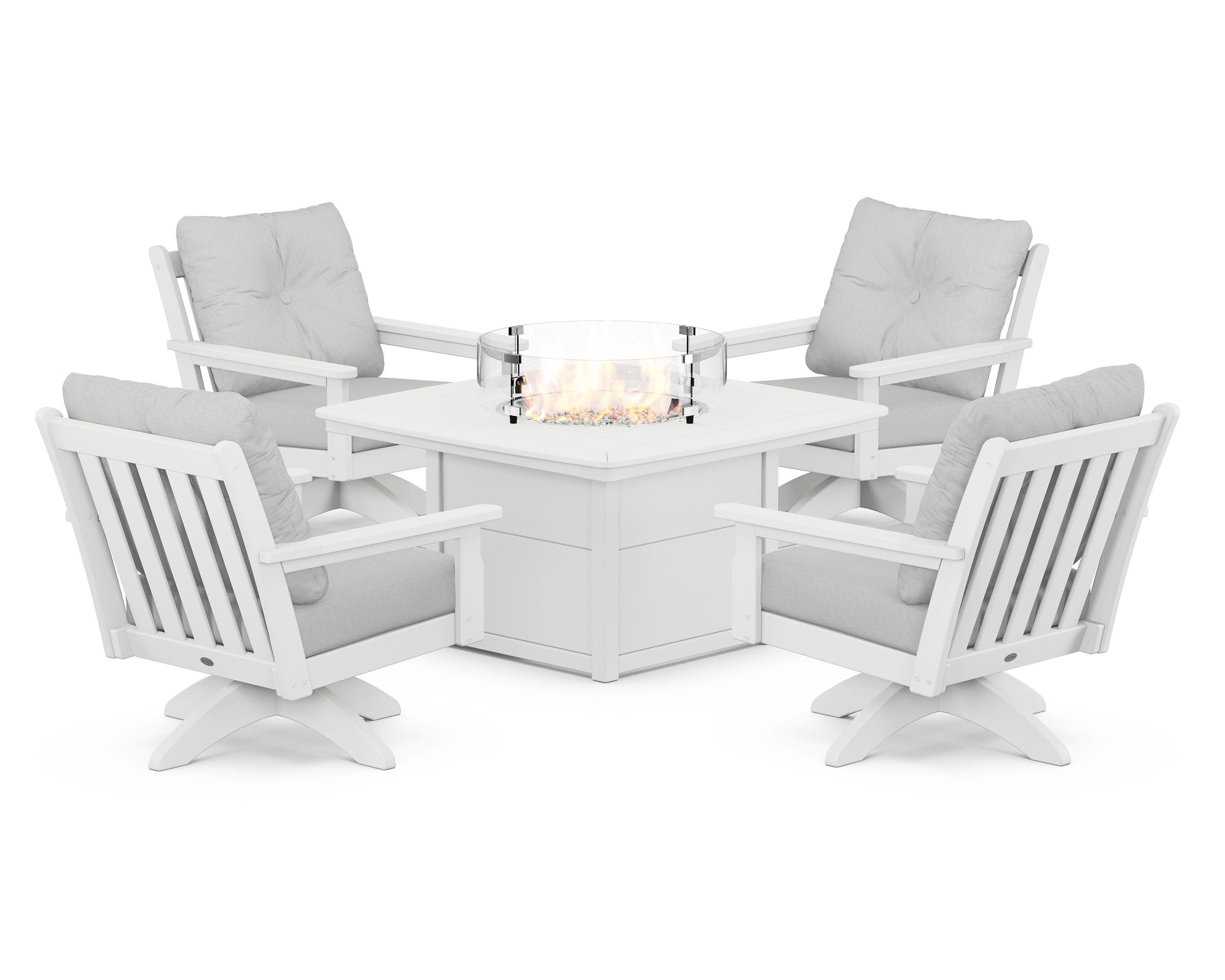 Vineyard 5-Piece Deep Seating Swivel Conversation Set with Fire Pit Table in White / Diamond in the Rough