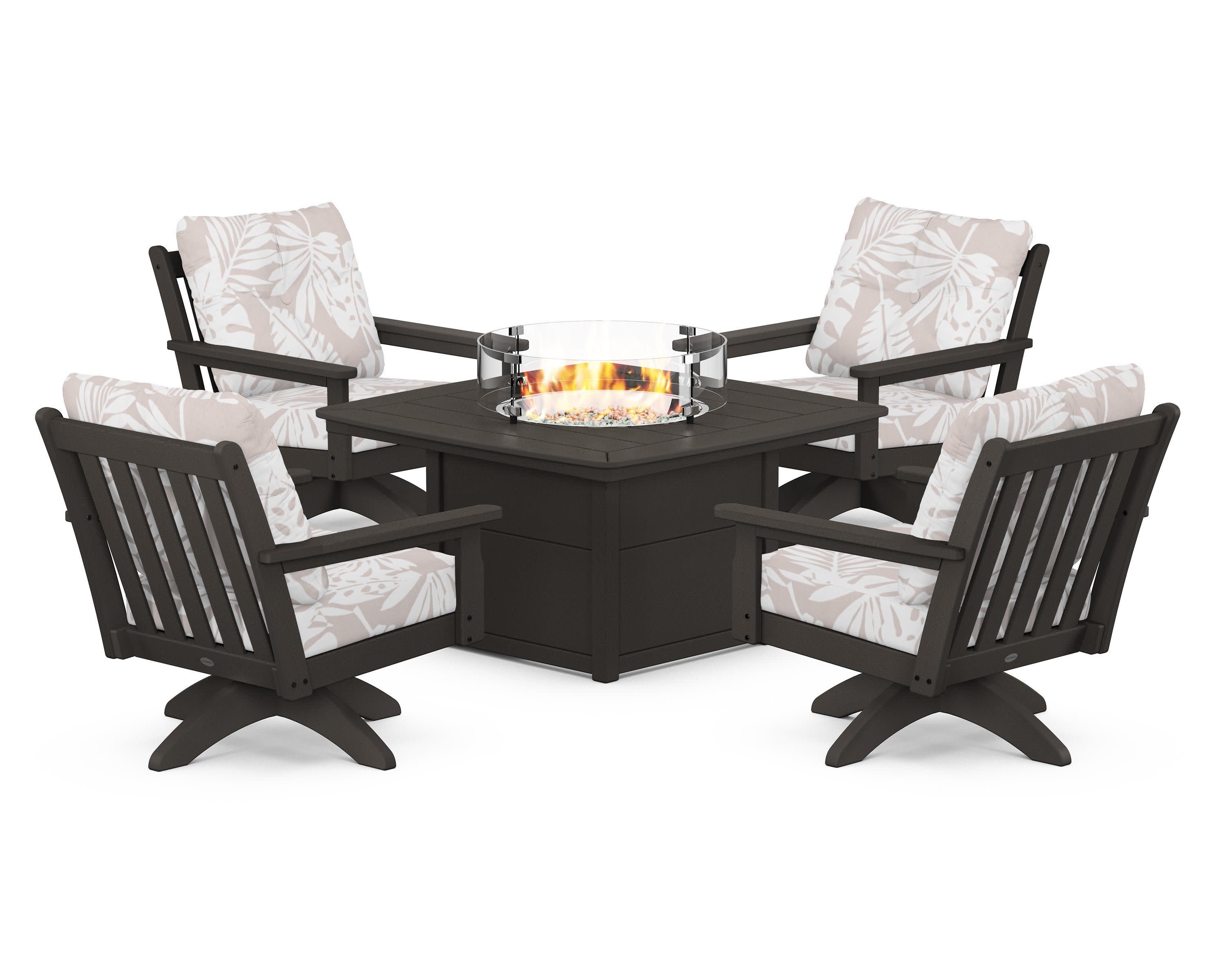 Vineyard 5-Piece Deep Seating Swivel Conversation Set with Fire Pit Table in Vintage Coffee / Leaf Dune Burlap