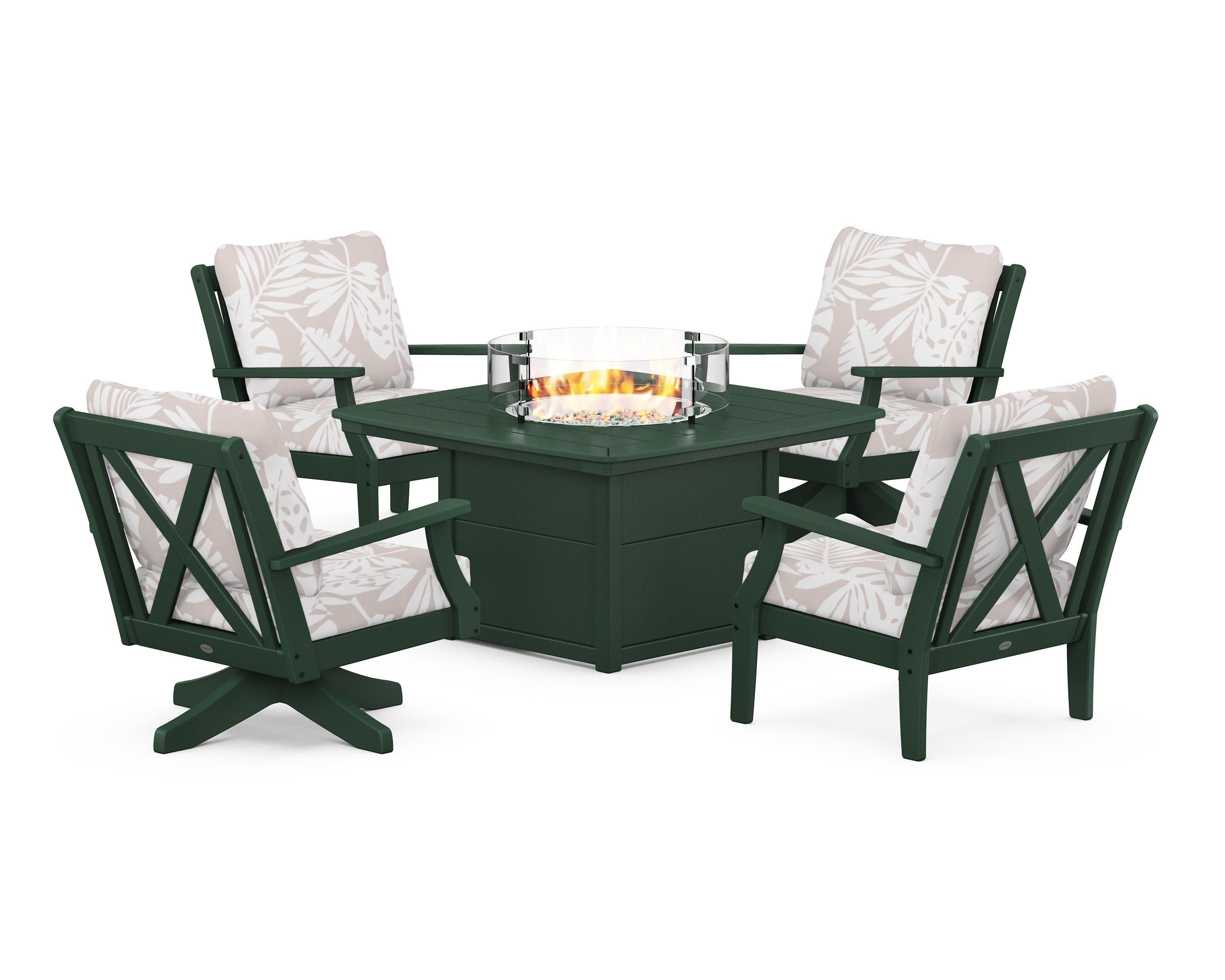 Braxton 5-Piece Deep Seating Set with Fire Table in Green / Leaf Dune Burlap