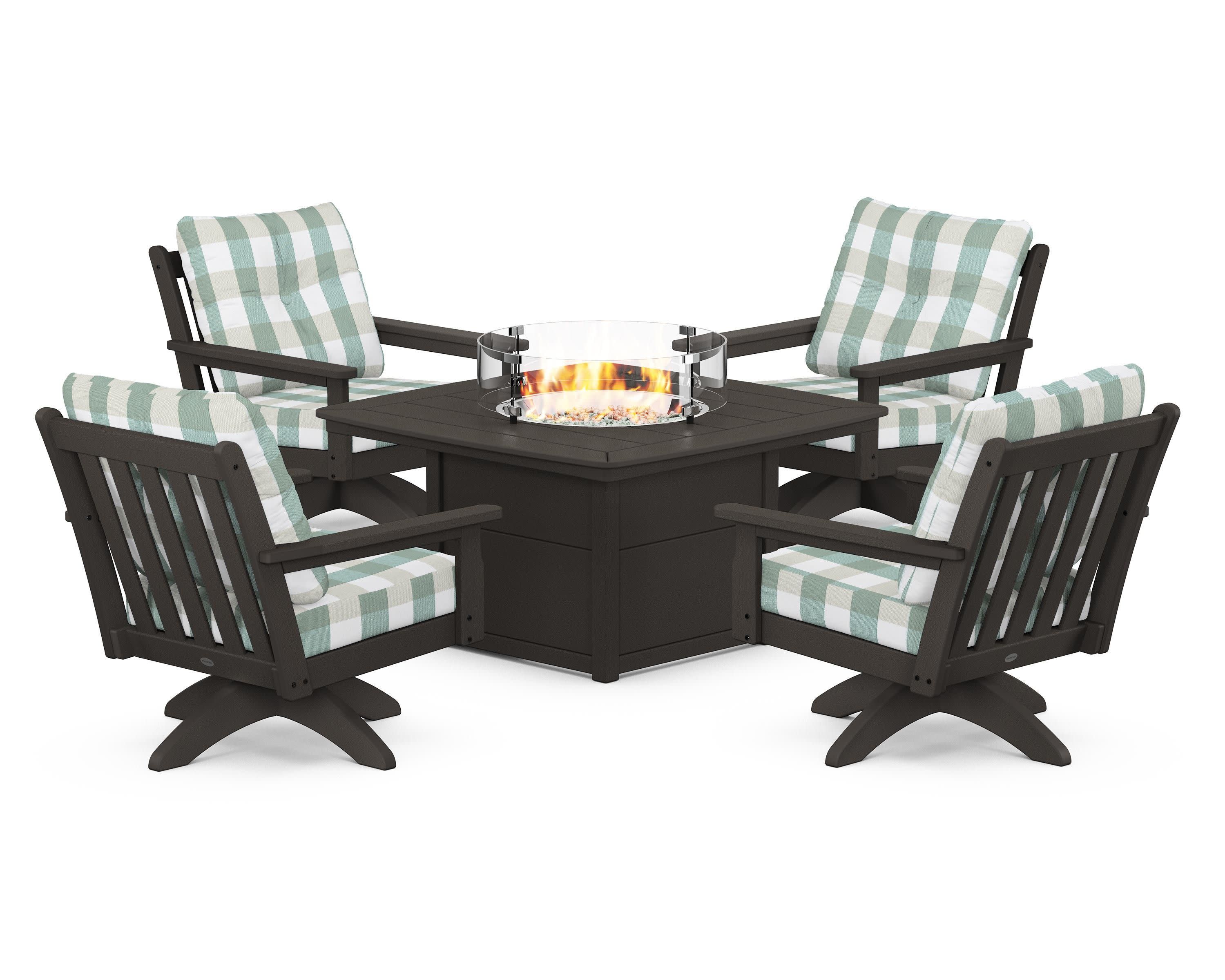 Vineyard 5-Piece Deep Seating Swivel Conversation Set with Fire Pit Table in Vintage Coffee / Buffalo Plaid Glacier Spa