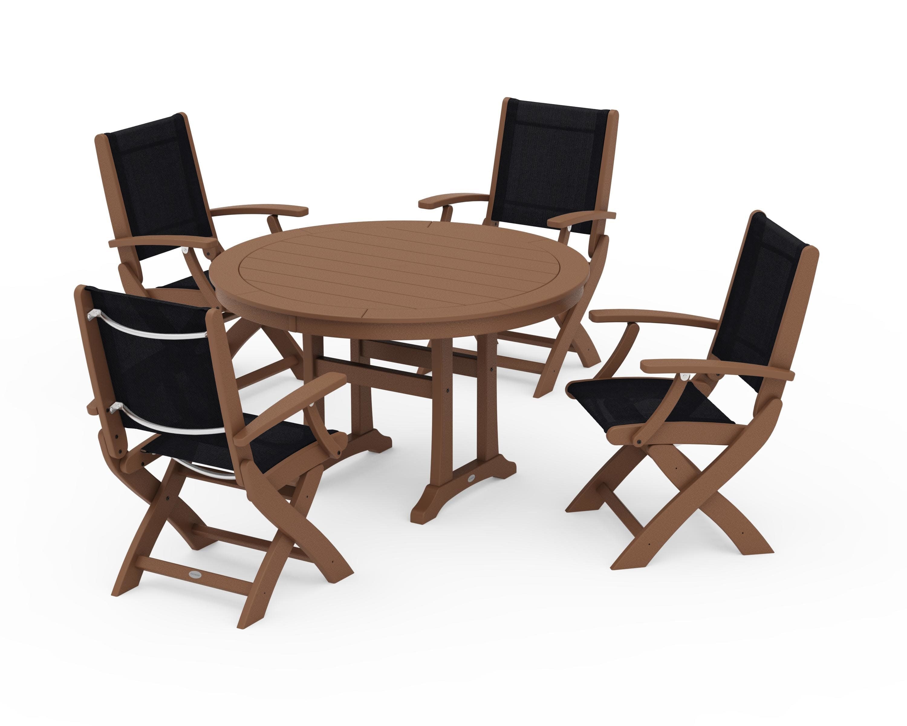 Coastal Folding Chair 5-Piece Round Dining Set with Trestle Legs in Teak / Black Sling
