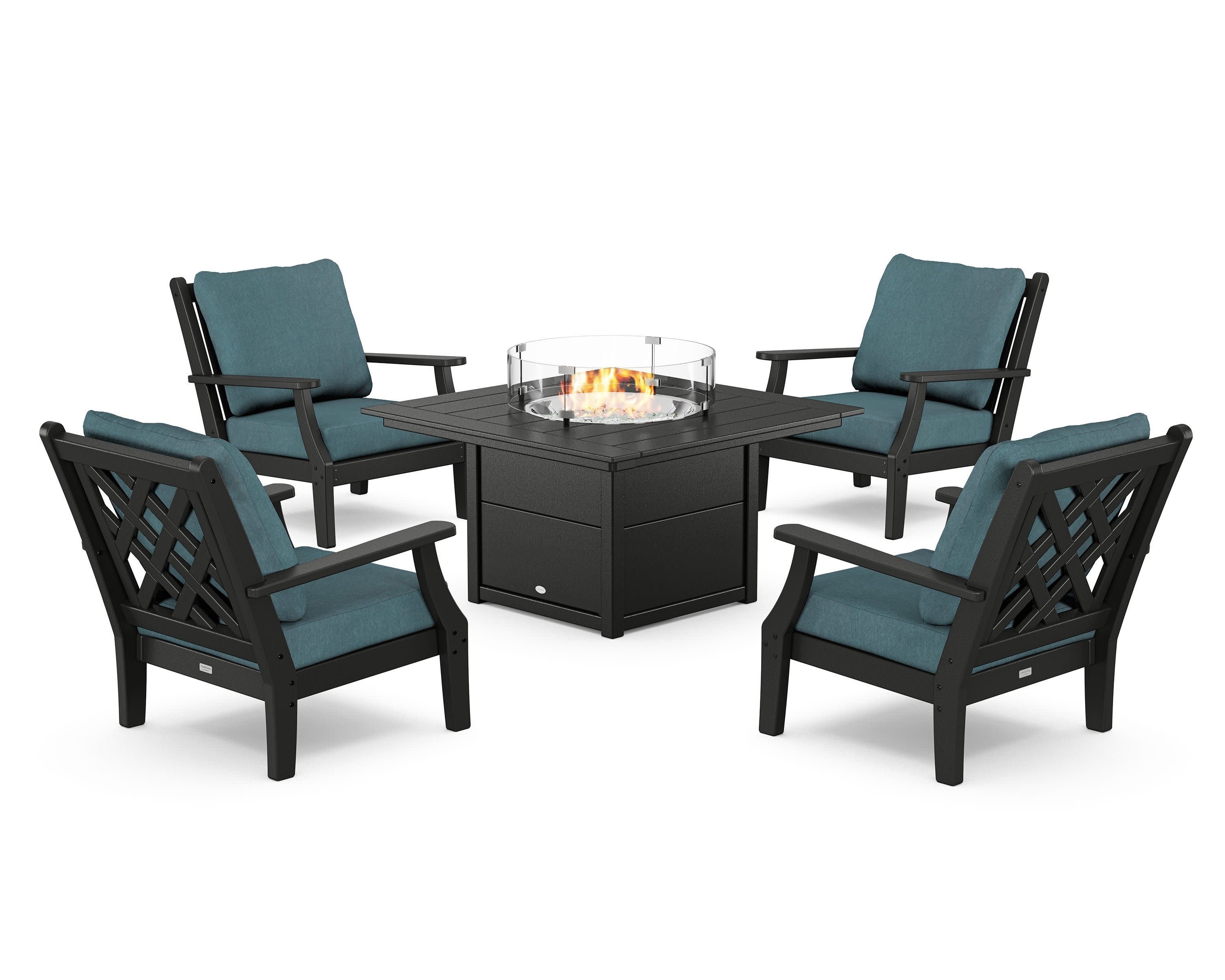 Wovendale 5-Piece Deep Seating Set with Fire Pit Table in Black / Ocean Teal
