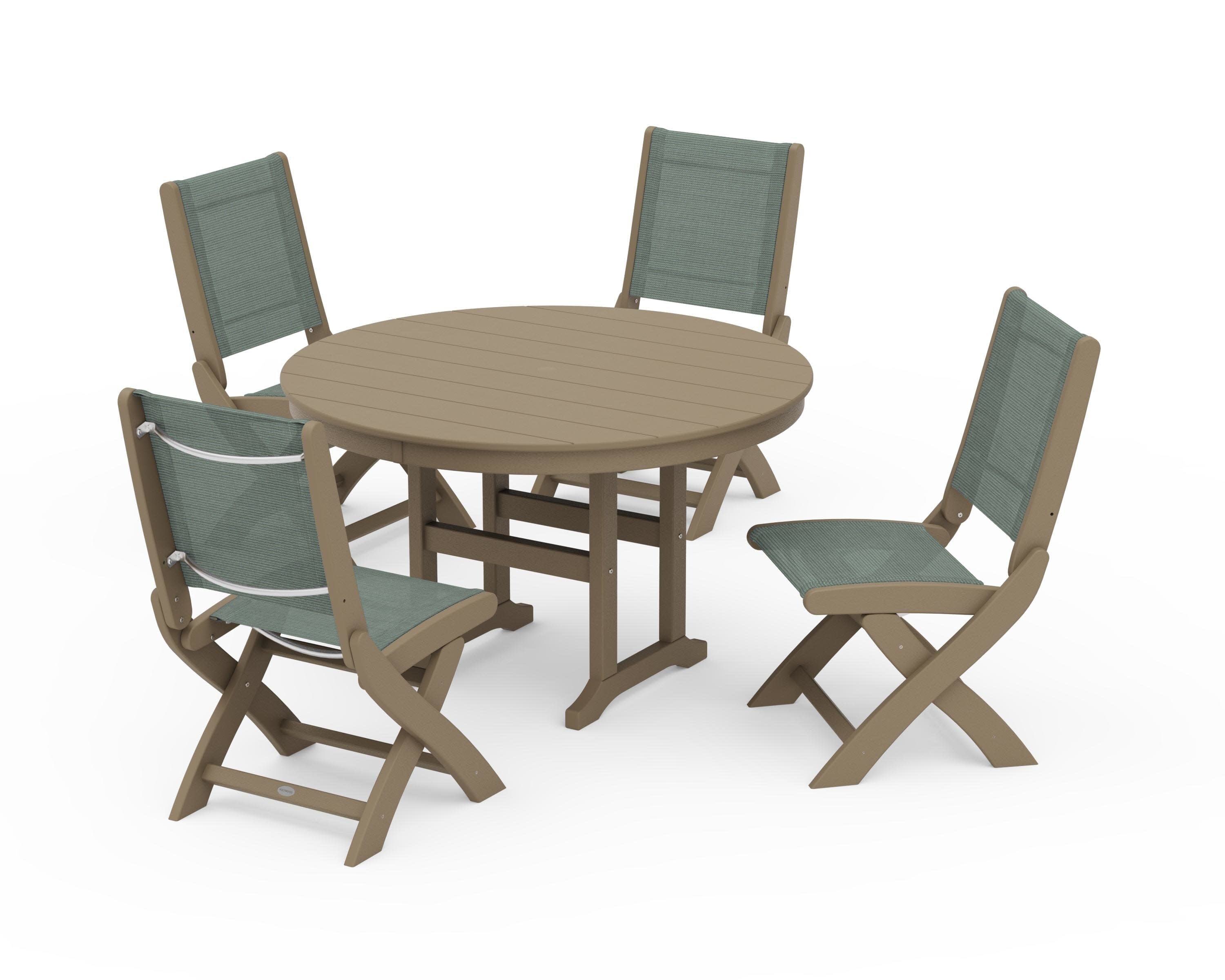 Coastal Folding Side Chair 5-Piece Round Dining Set in Vintage Sahara / Dupioni Sea Mist Sling