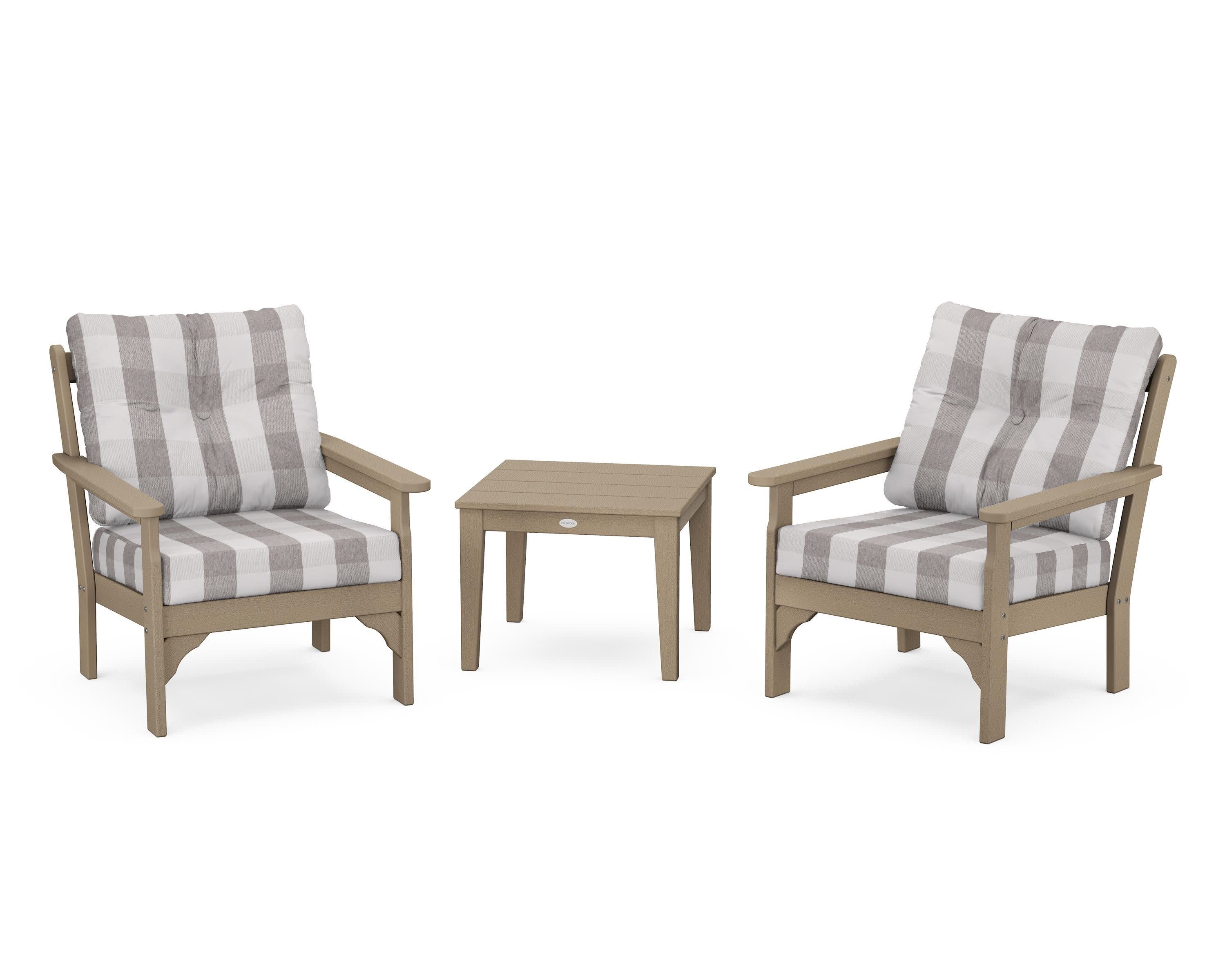 Vineyard 3-Piece Deep Seating Set in Vintage Sahara / Buffalo Plaid Grey Mist