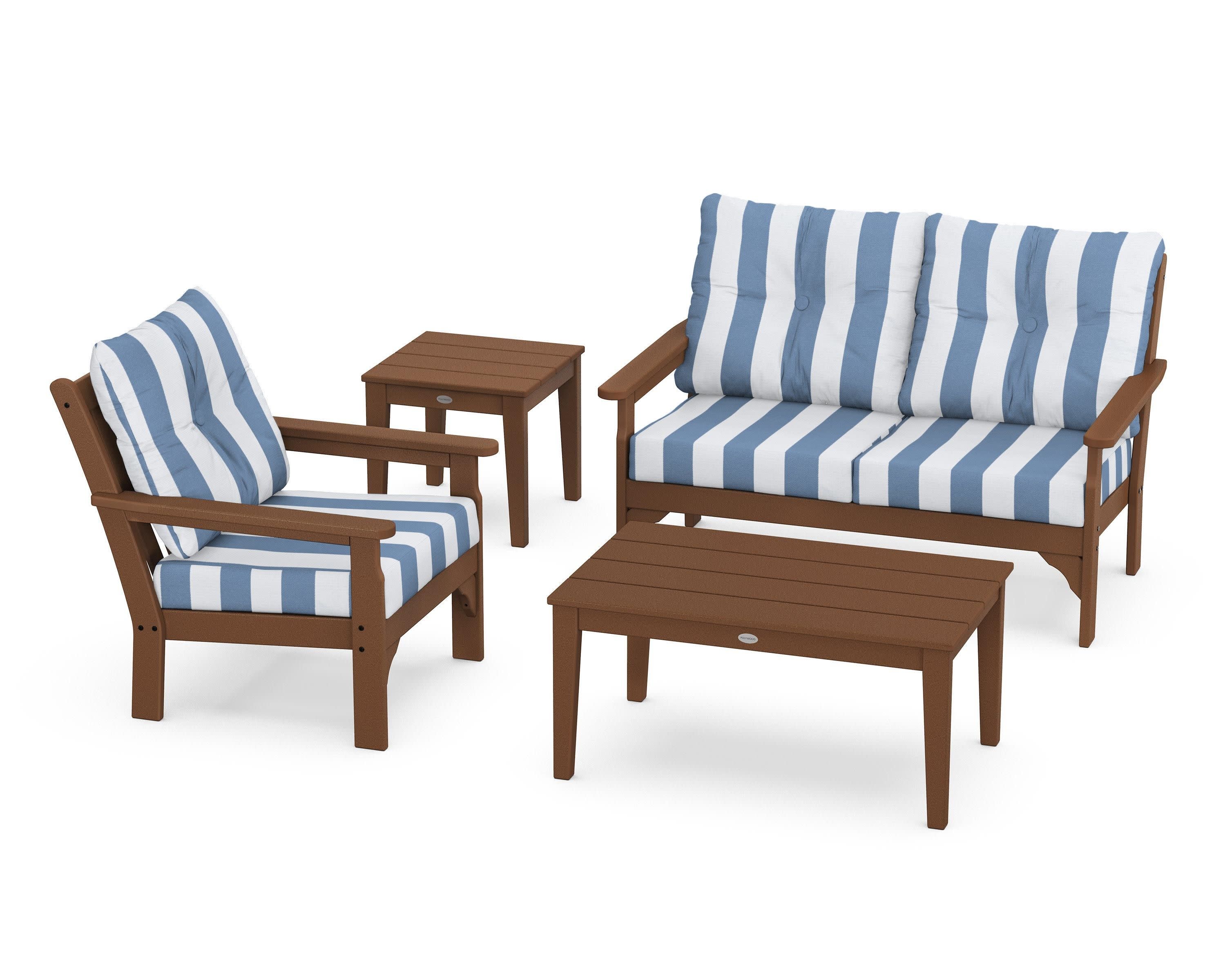 Vineyard 4-Piece Deep Seating Set in Teak / Cabana Stripe Sky Blue