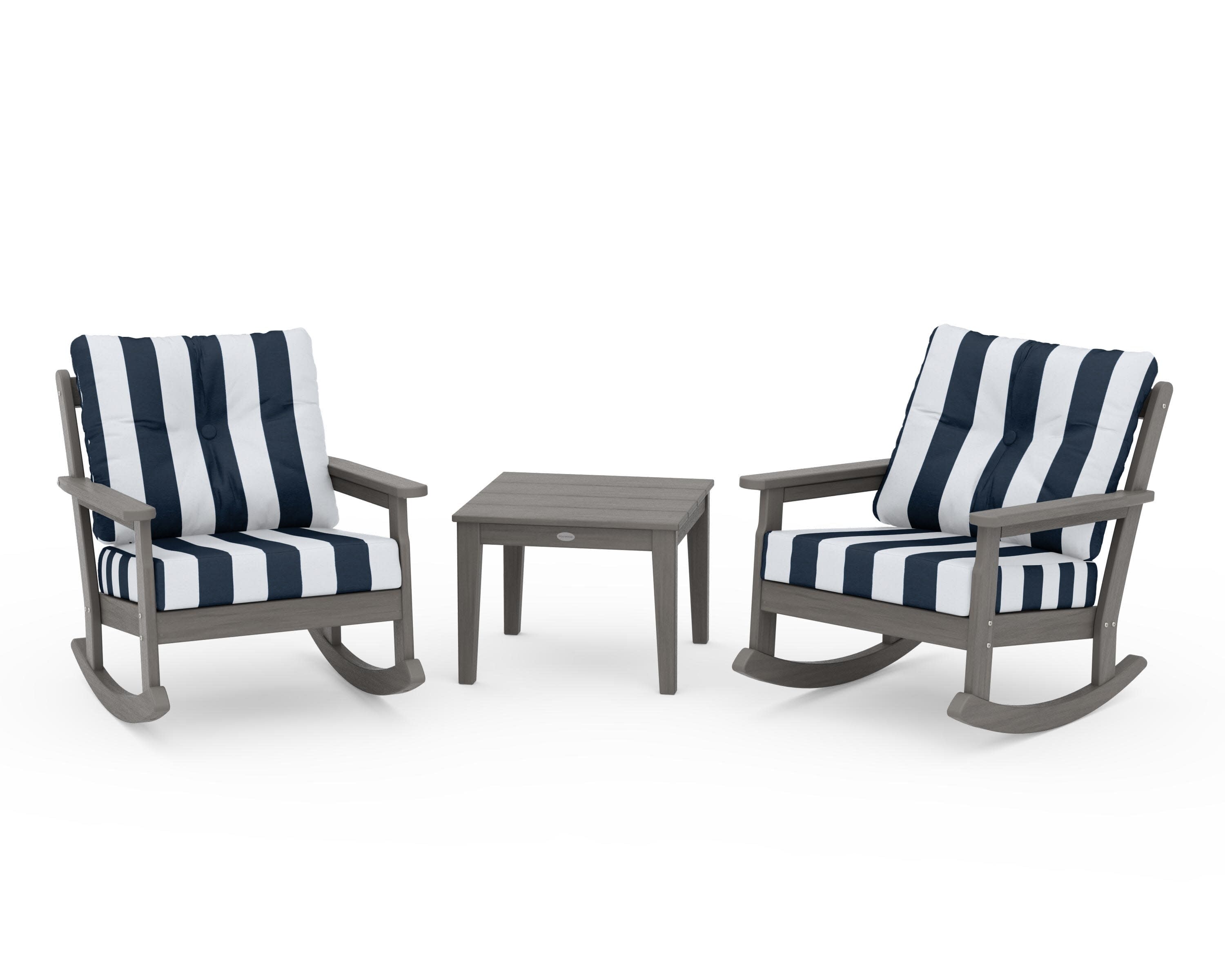Vineyard 3-Piece Deep Seating Rocker Set in Driftwood / Cabana Stripe Marine Indigo