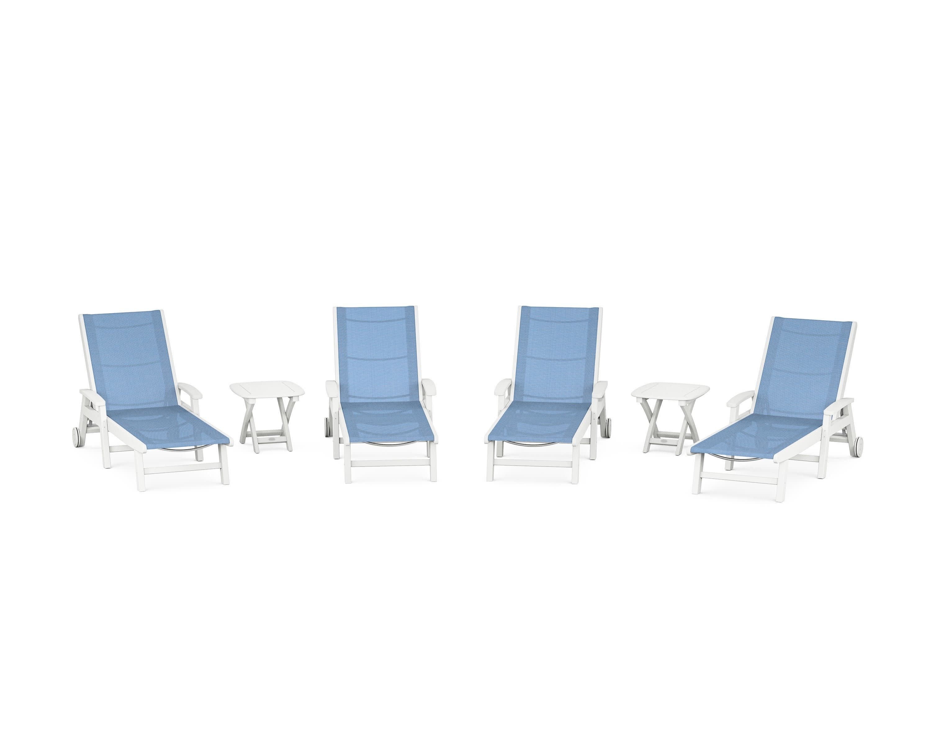 Coastal Chaise 6-Piece Set with Wheels in White / Poolside Sling