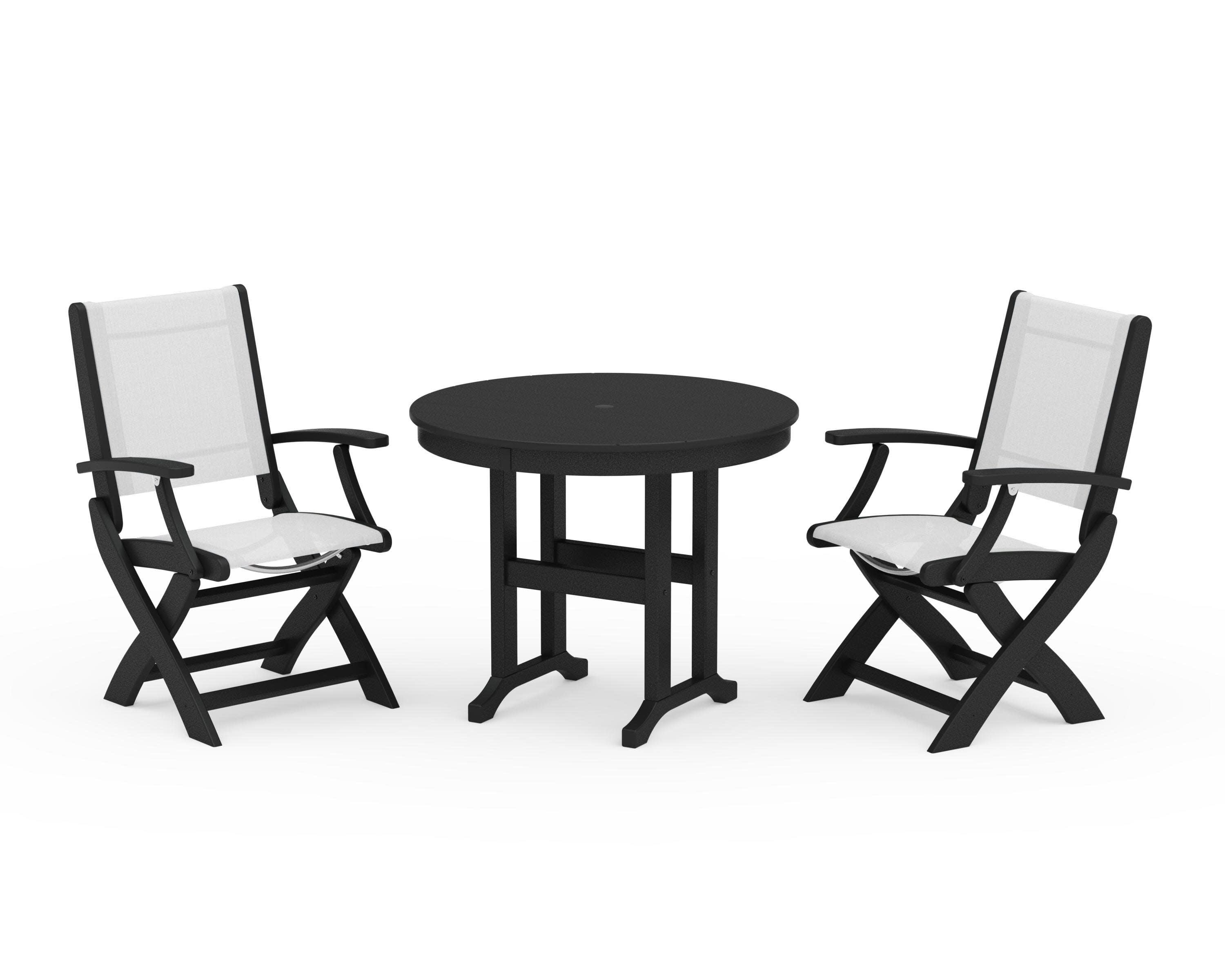 Coastal Folding Chair 3-Piece Round Dining Set in Black / White Sling