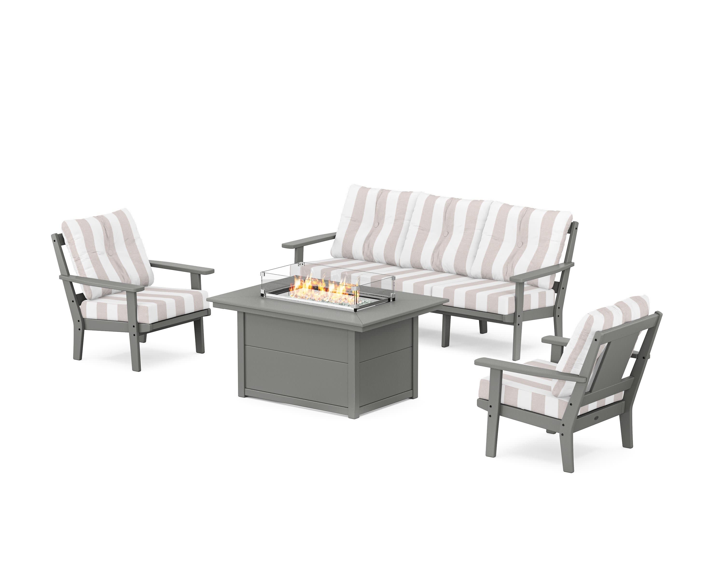 Prairie Deep Seating Fire Pit Table Set in Slate Grey / Cabana Stripe Dune Burlap