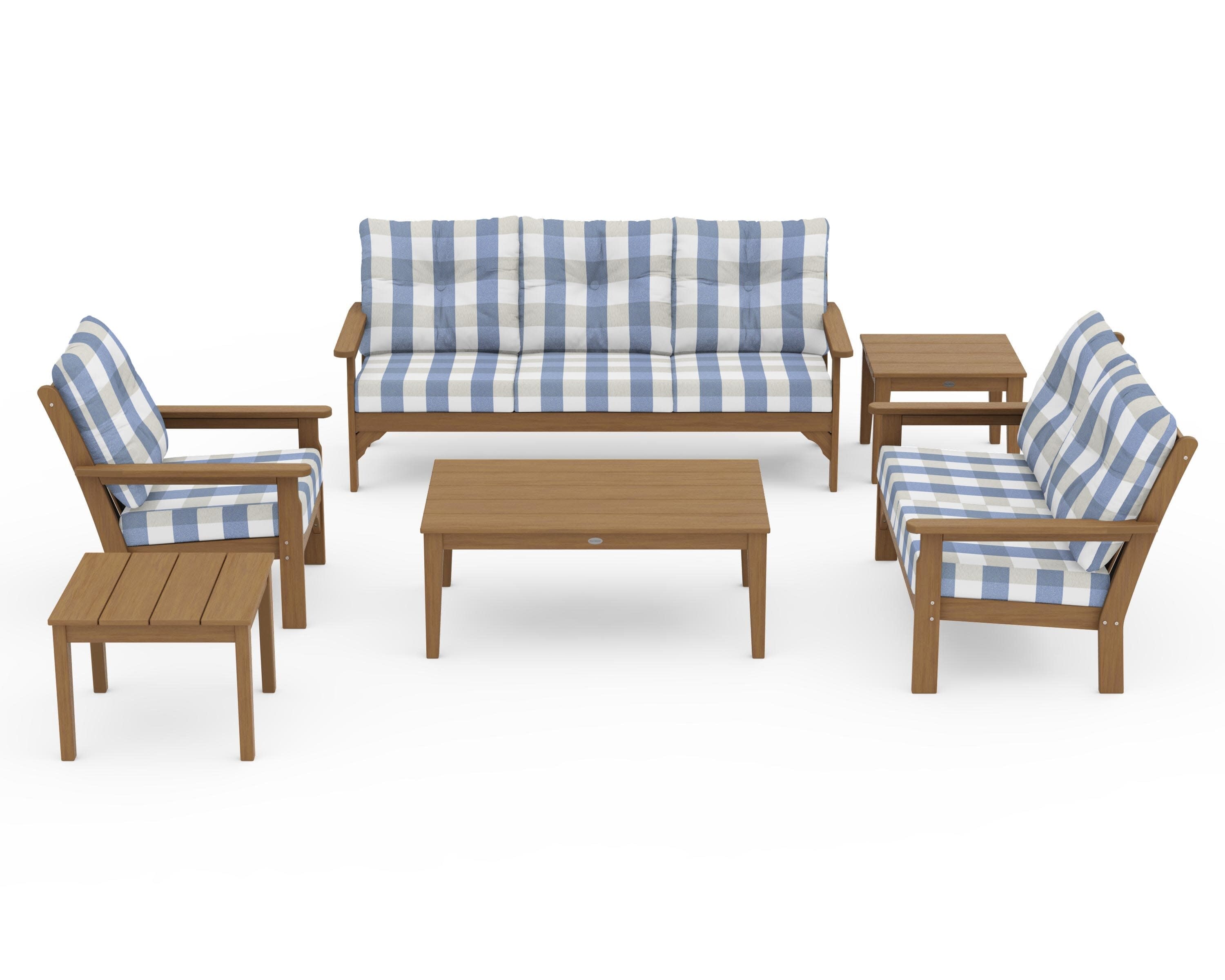 Vineyard 6-Piece Deep Seating Set in Natural / Buffalo Plaid Sky Blue